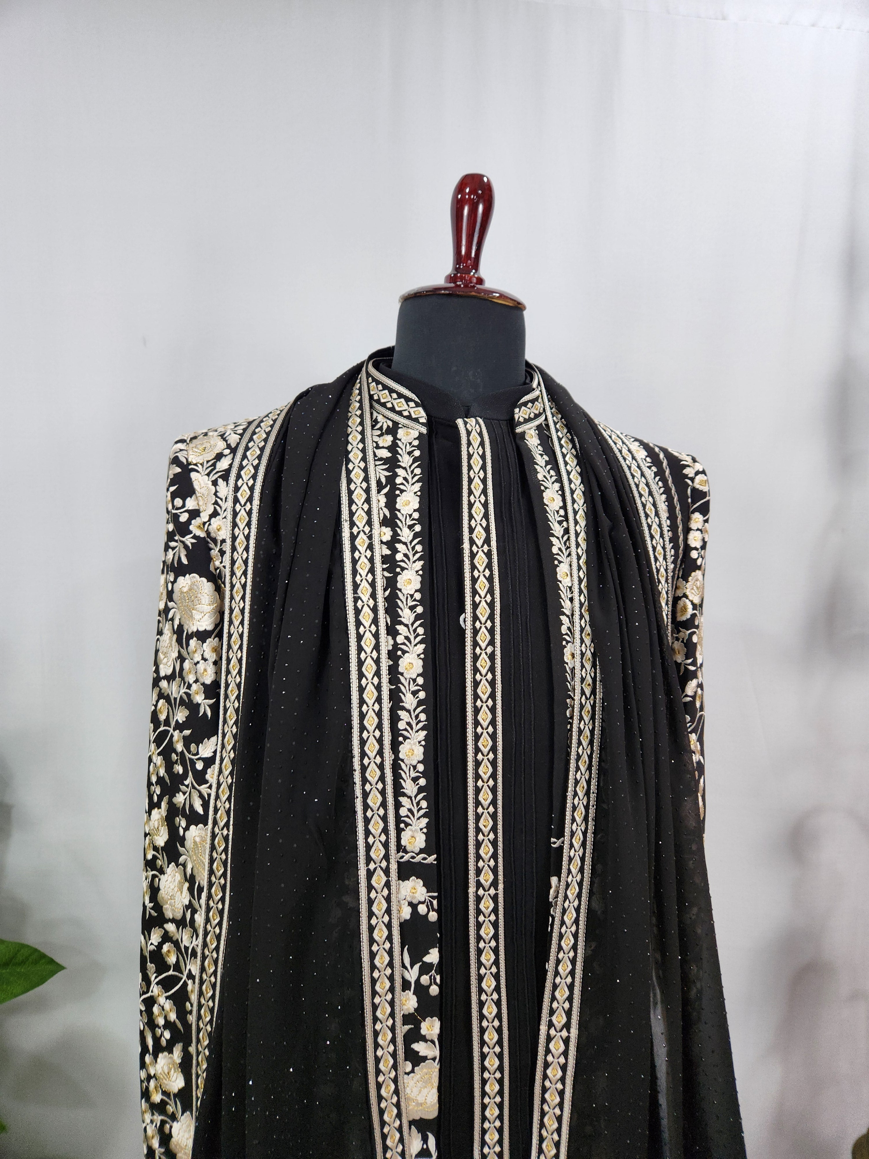 Black Indo-Western Sherwani with Shawl for Men | Indian Groom Wedding Outfit