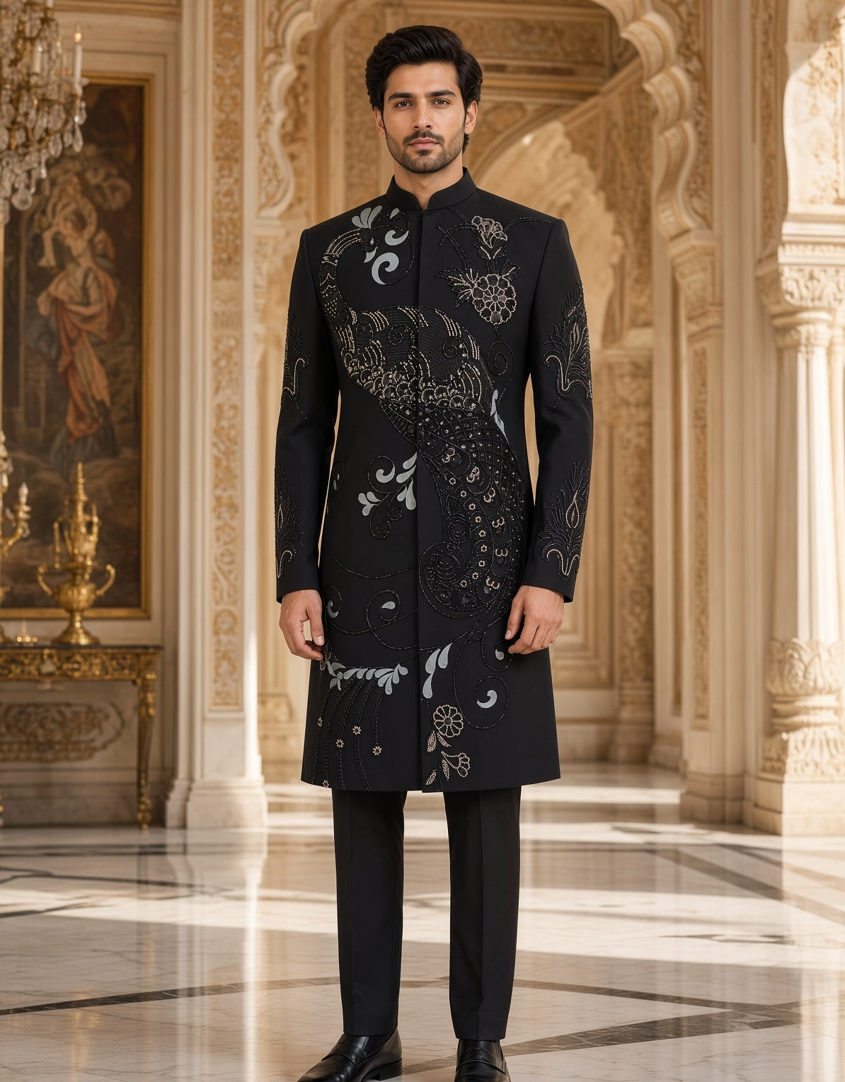 A man stands in a grand, ornate interior wearing a black long kurta with intricate silver and white embroidery, paired with black trousers and black dress shoes