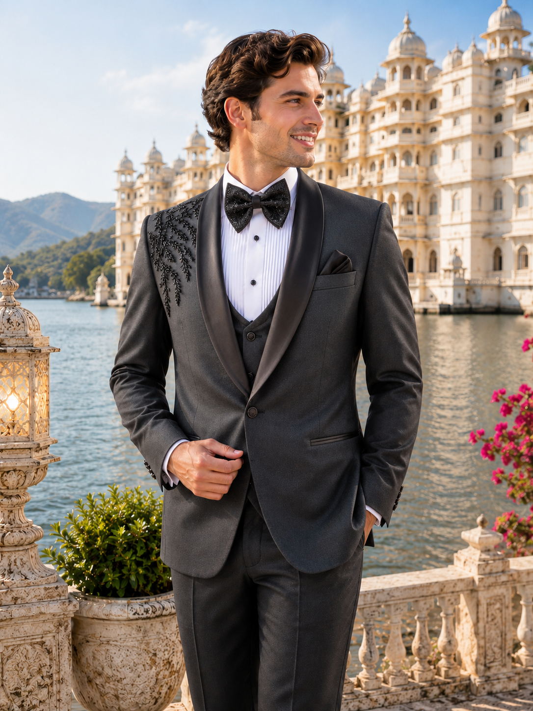 Handwork Men's Black Tuxedo Suit for Wedding | Indian Groom Reception Outfit