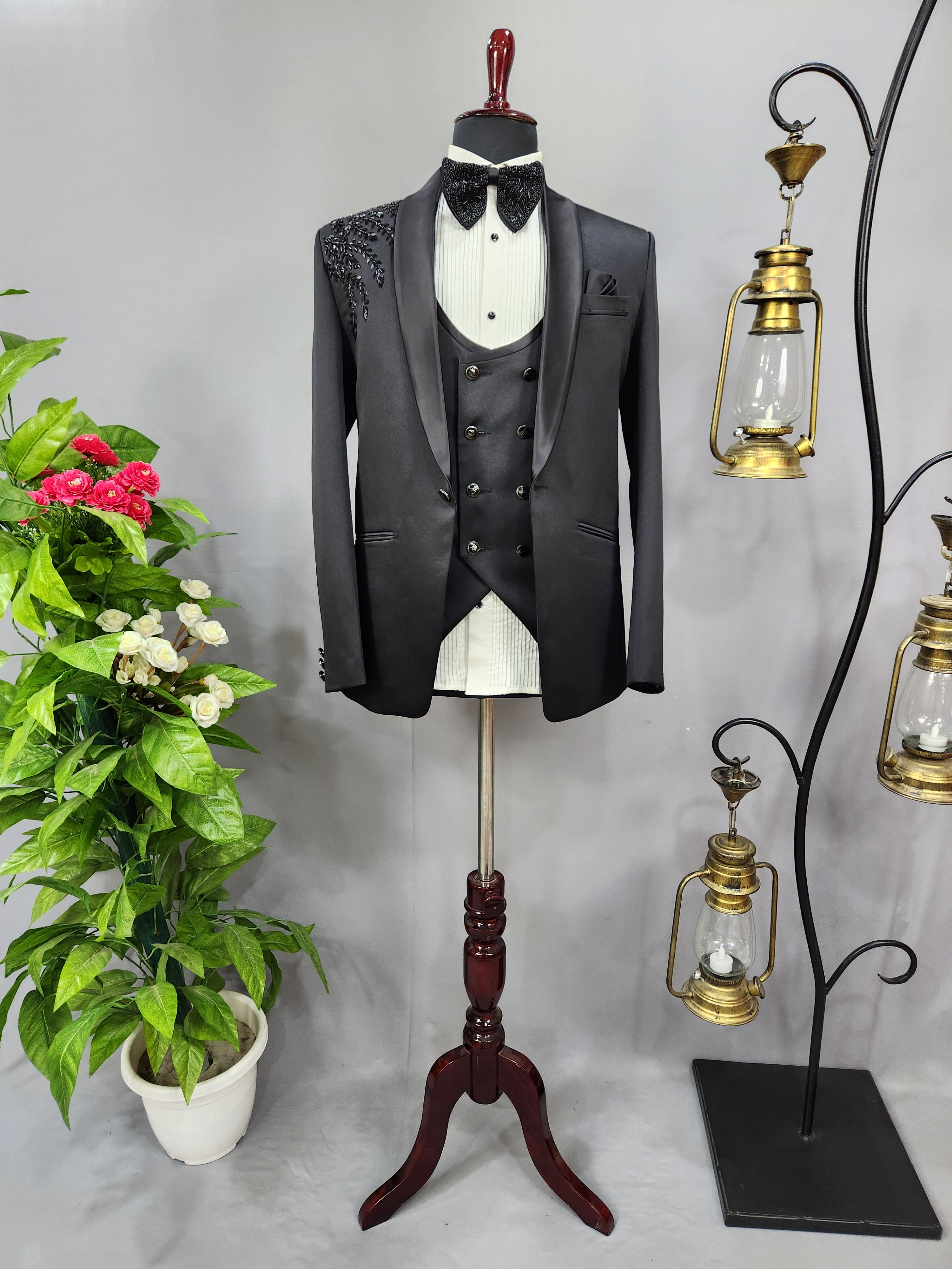 Handwork Men's Black Tuxedo Suit for Wedding | Indian Groom Reception Outfit