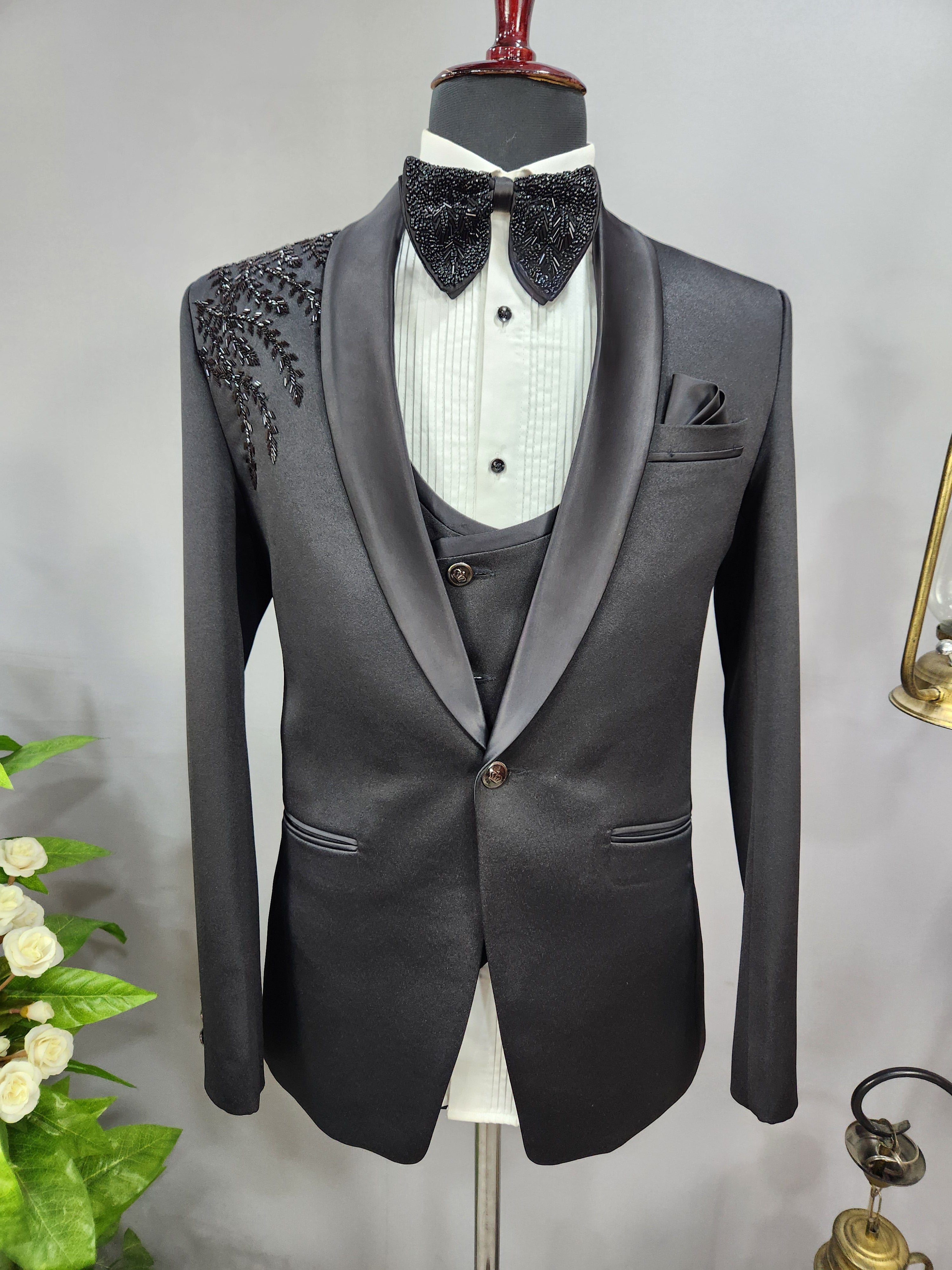 Handwork Men's Black Tuxedo Suit for Wedding | Indian Groom Reception Outfit