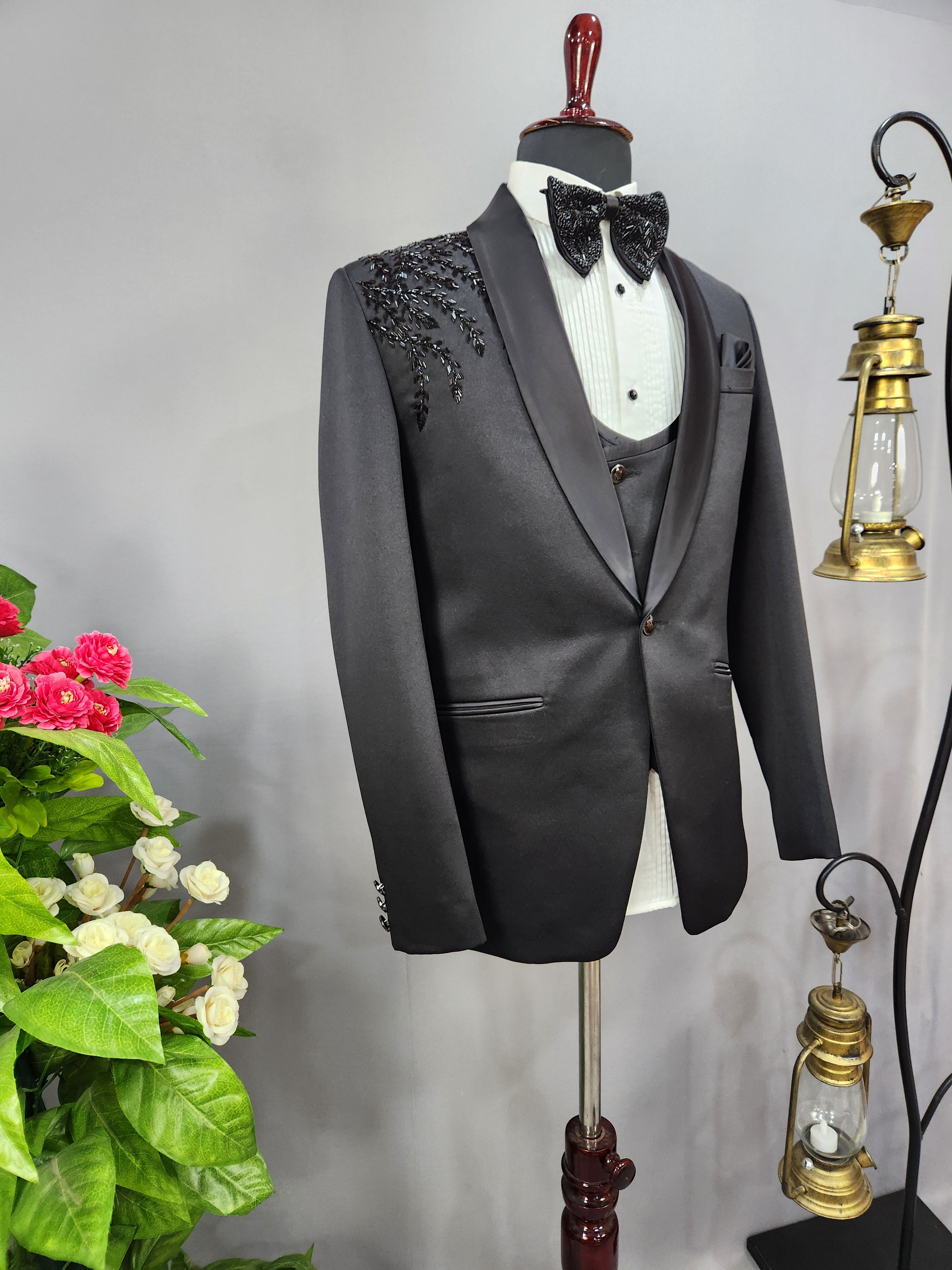 Handwork Men's Black Tuxedo Suit for Wedding | Indian Groom Reception Outfit