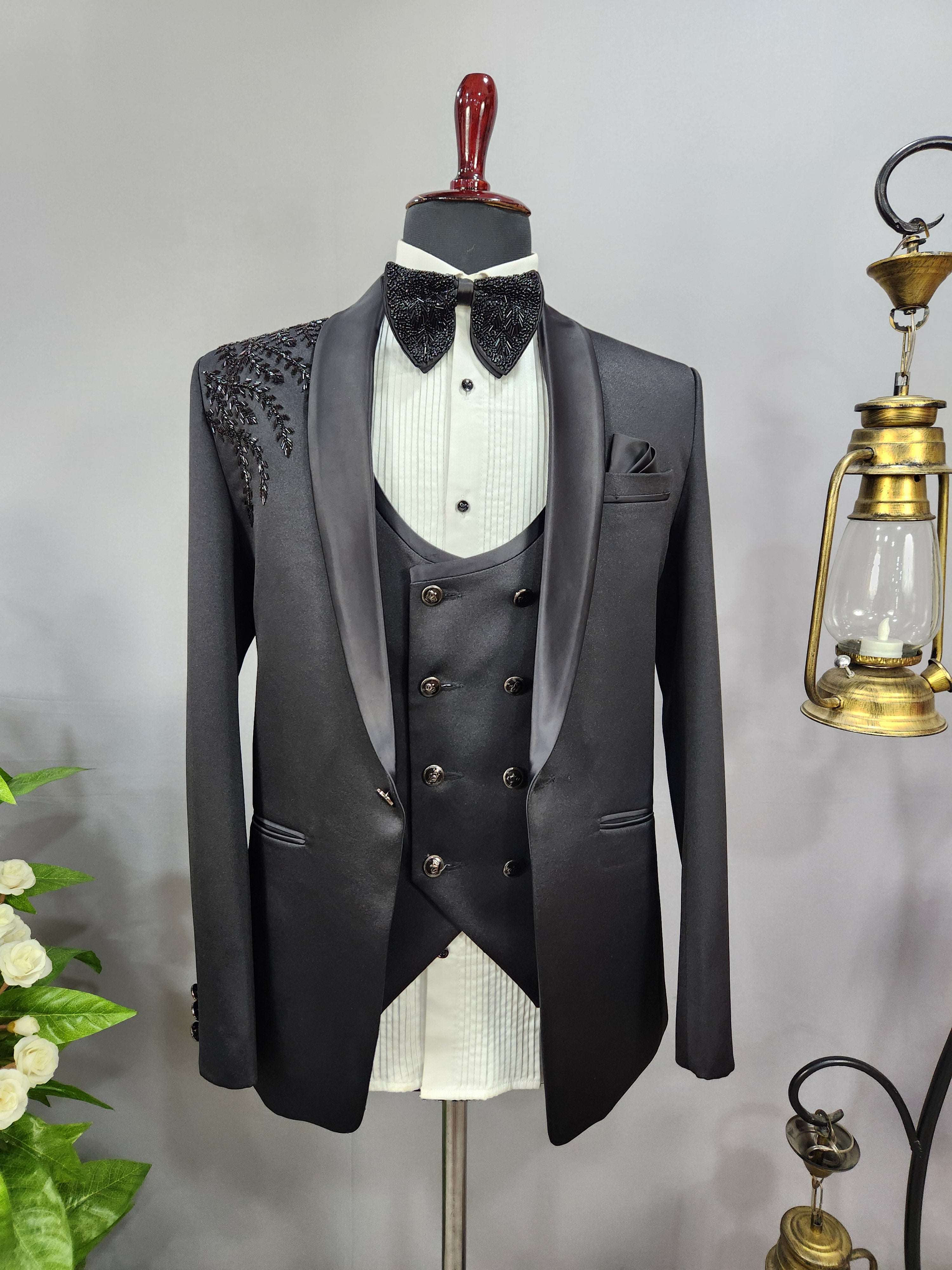 Handwork Men's Black Tuxedo Suit for Wedding | Indian Groom Reception Outfit
