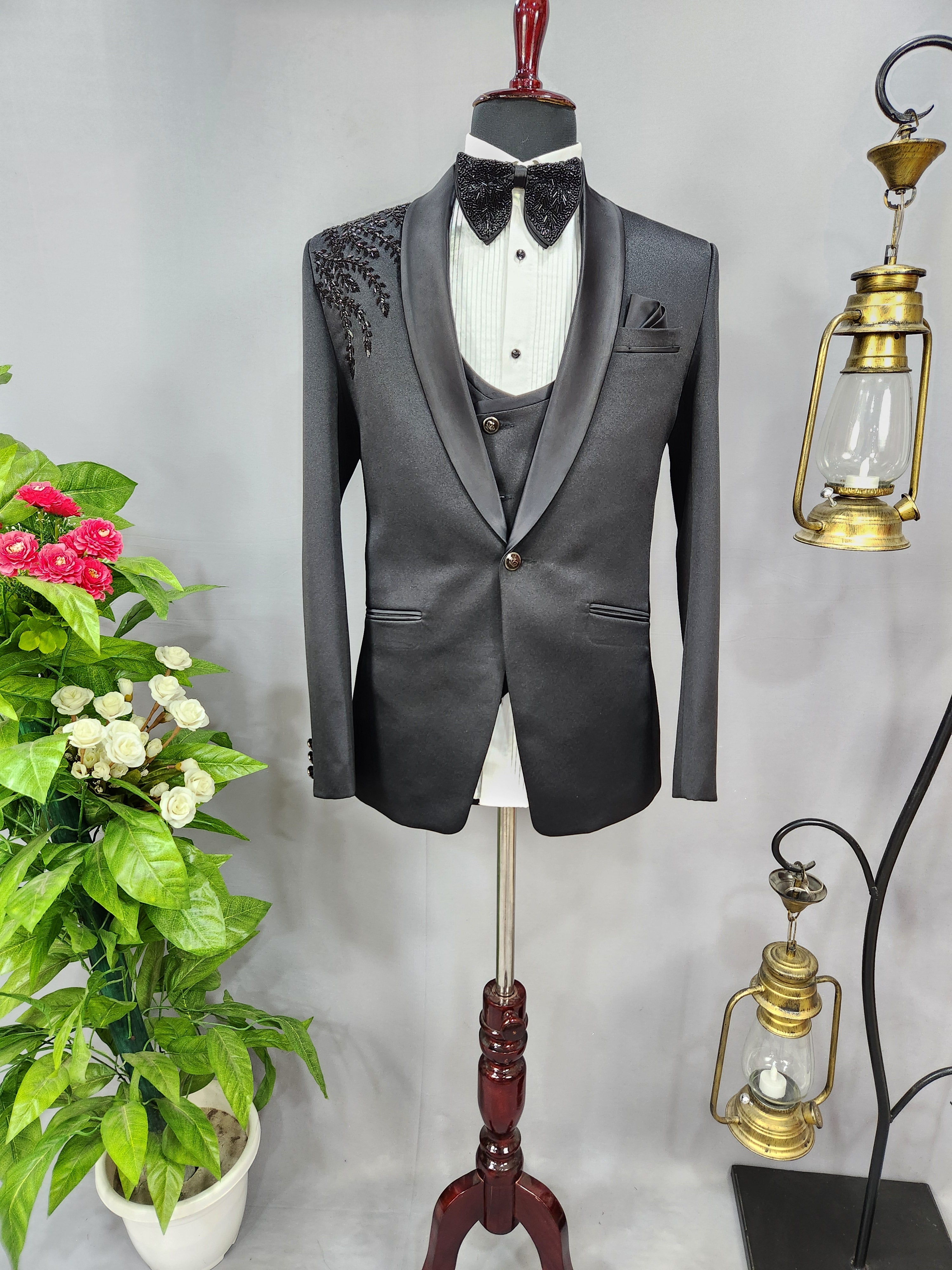 Handwork Men's Black Tuxedo Suit for Wedding | Indian Groom Reception Outfit