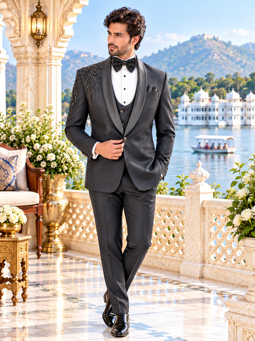 Handwork Men's Black Tuxedo Suit for Wedding | Indian Groom Reception Outfit
