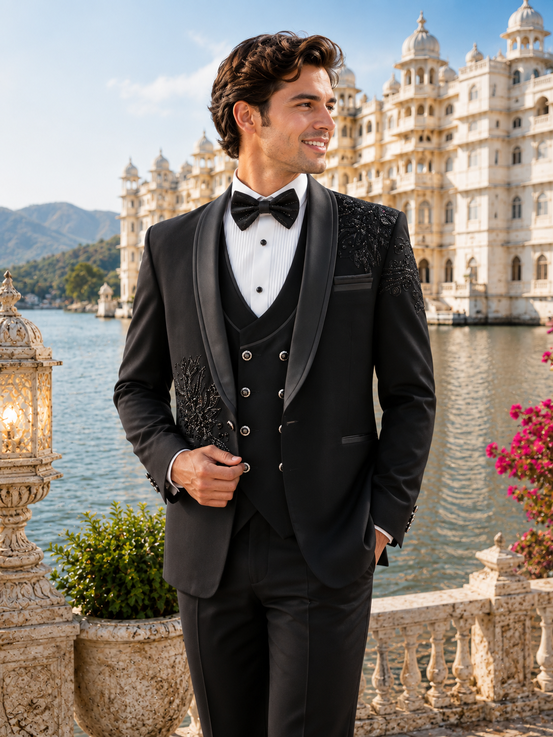 Beads Studed Men's Black Tuxedo Suit for Wedding | Indian Groom Reception Outfit