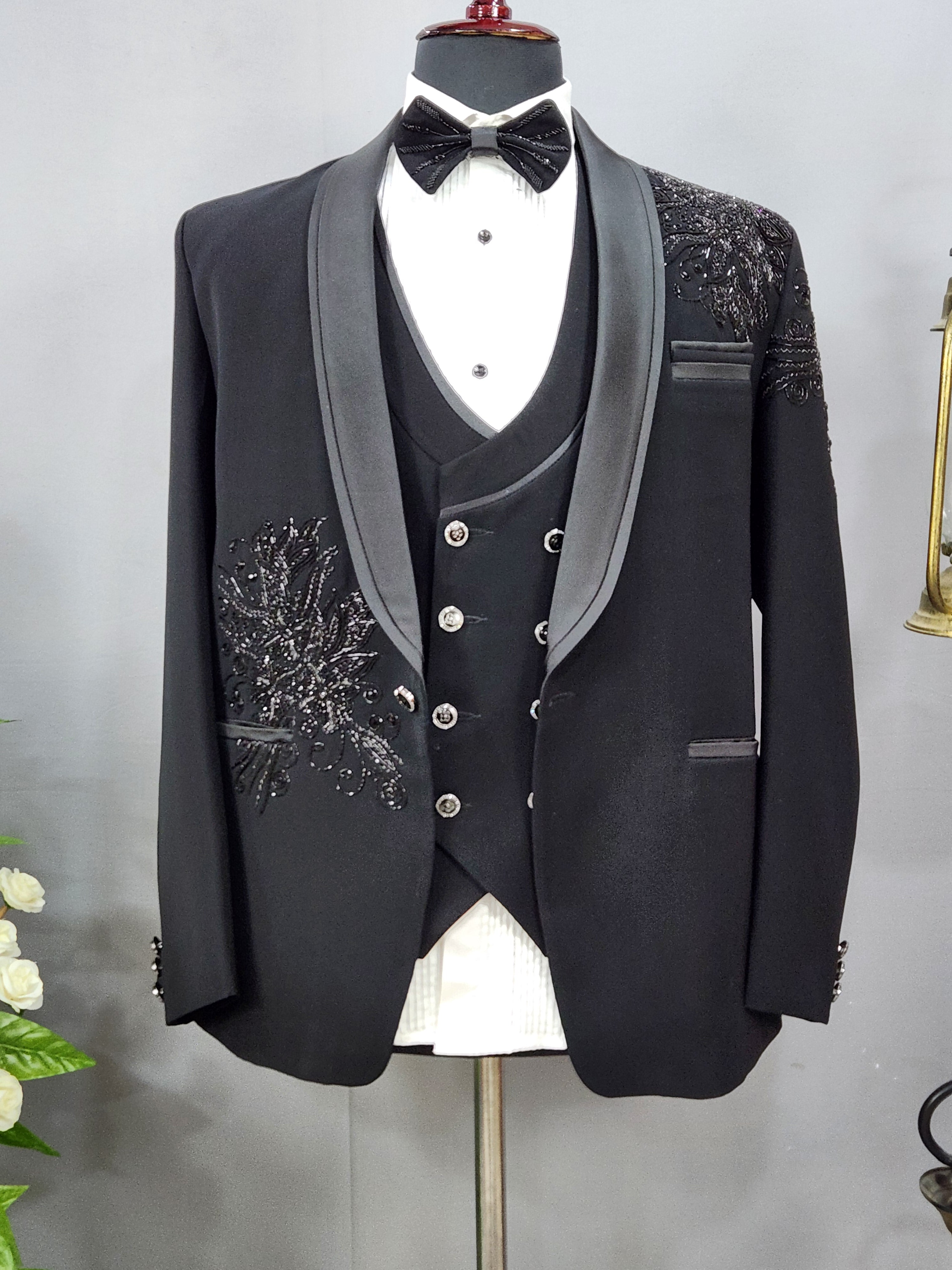 Beads Studed Men's Black Tuxedo Suit for Wedding | Indian Groom Reception Outfit