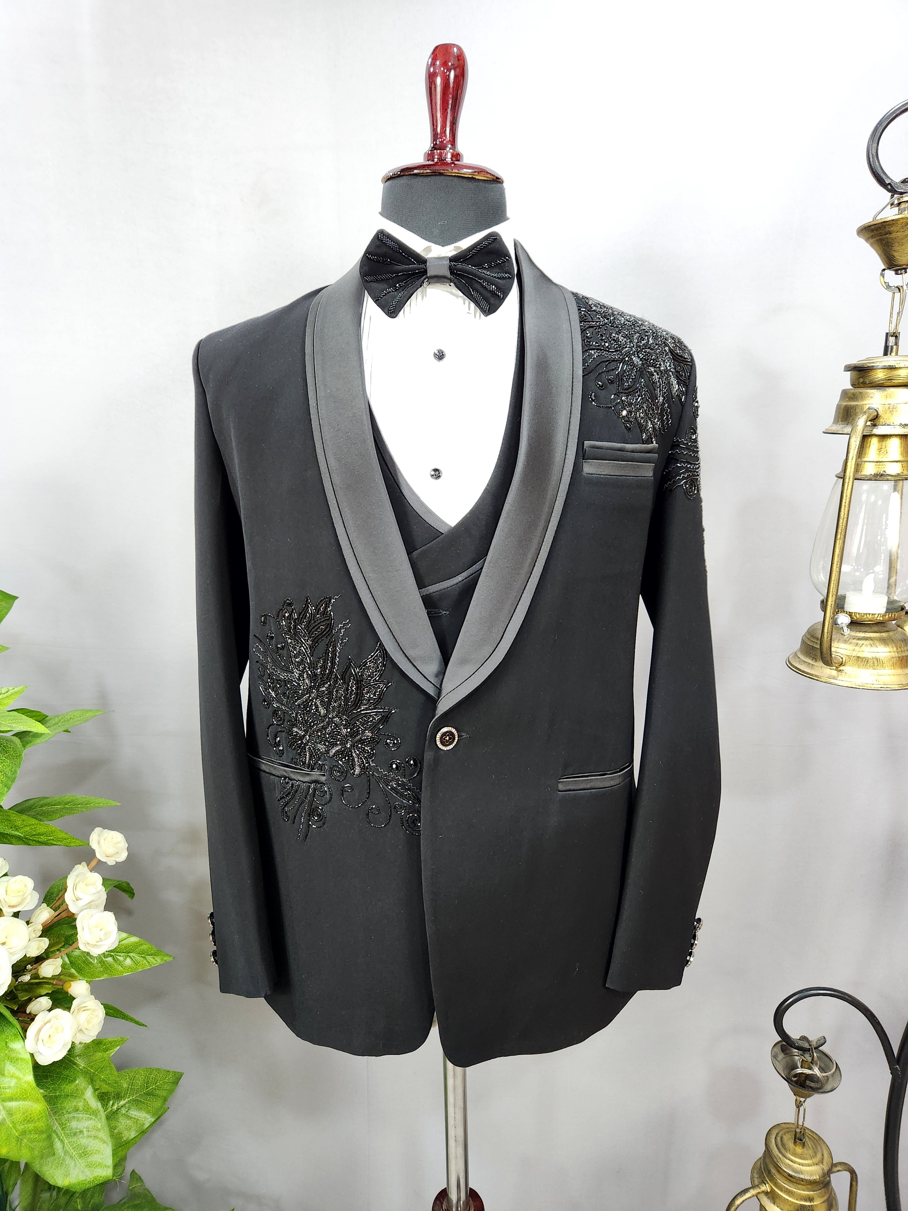 Beads Studed Men's Black Tuxedo Suit for Wedding | Indian Groom Reception Outfit
