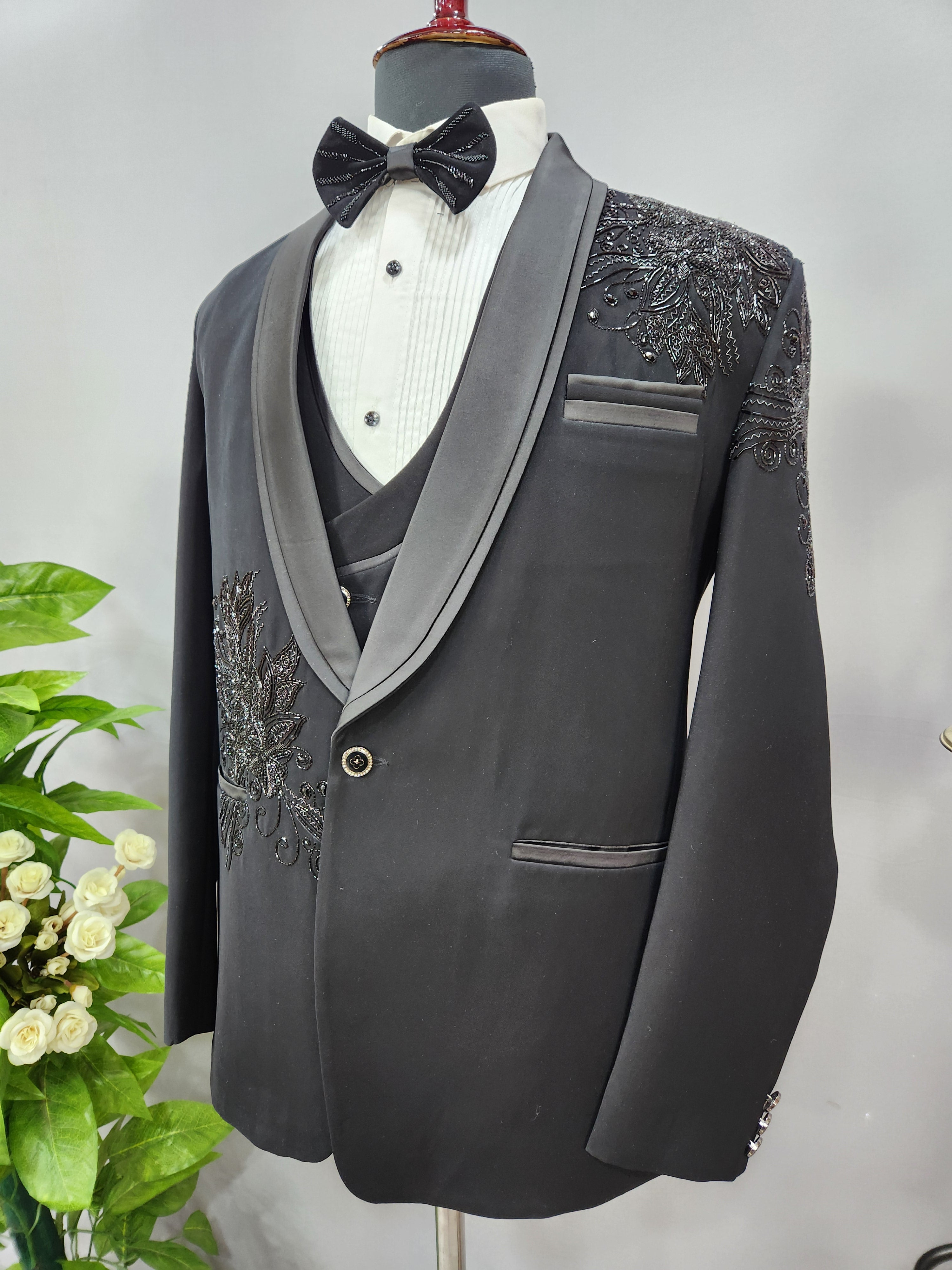 Beads Studed Men's Black Tuxedo Suit for Wedding | Indian Groom Reception Outfit