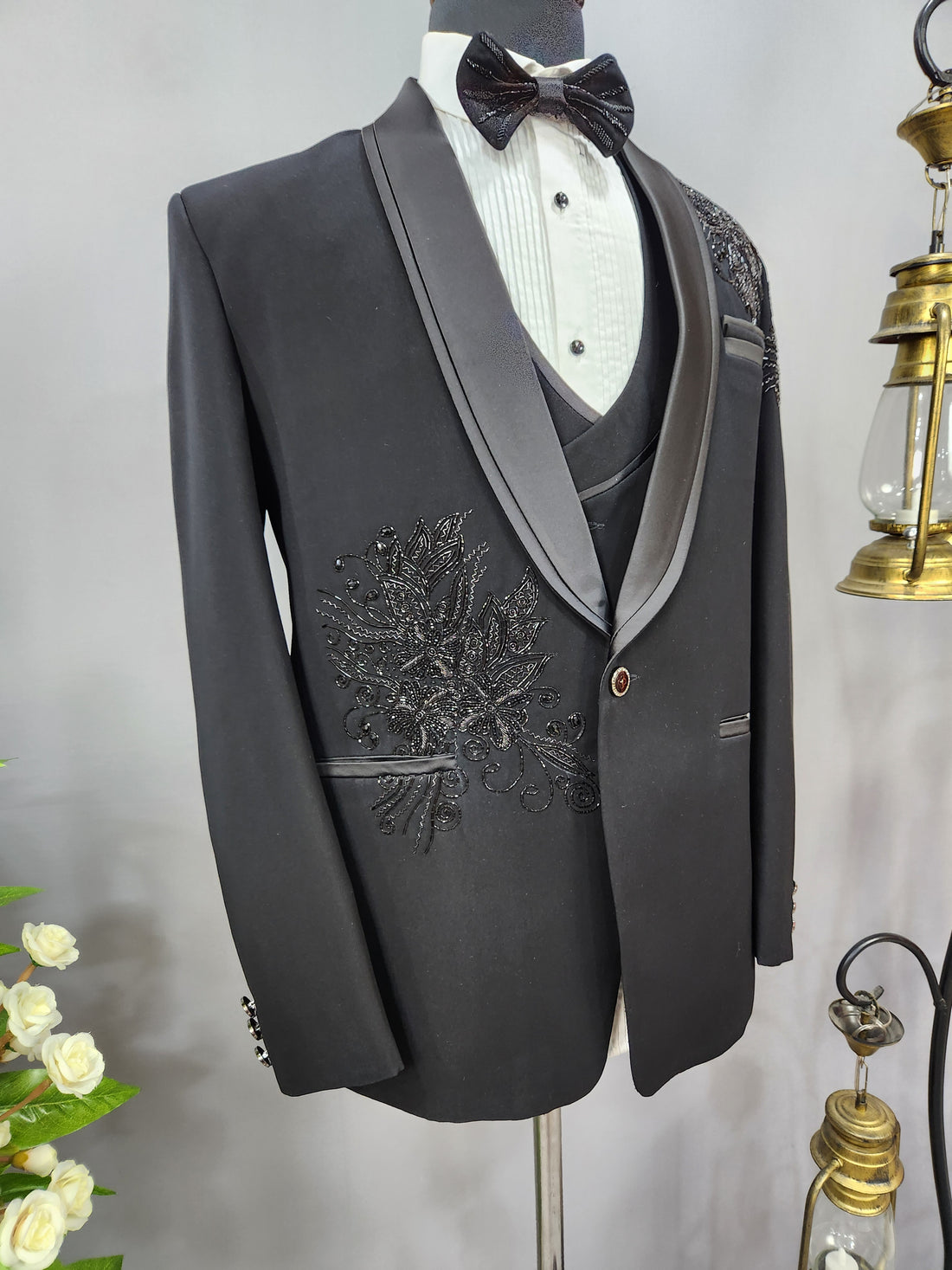Beads Studed Men's Black Tuxedo Suit for Wedding | Indian Groom Reception Outfit