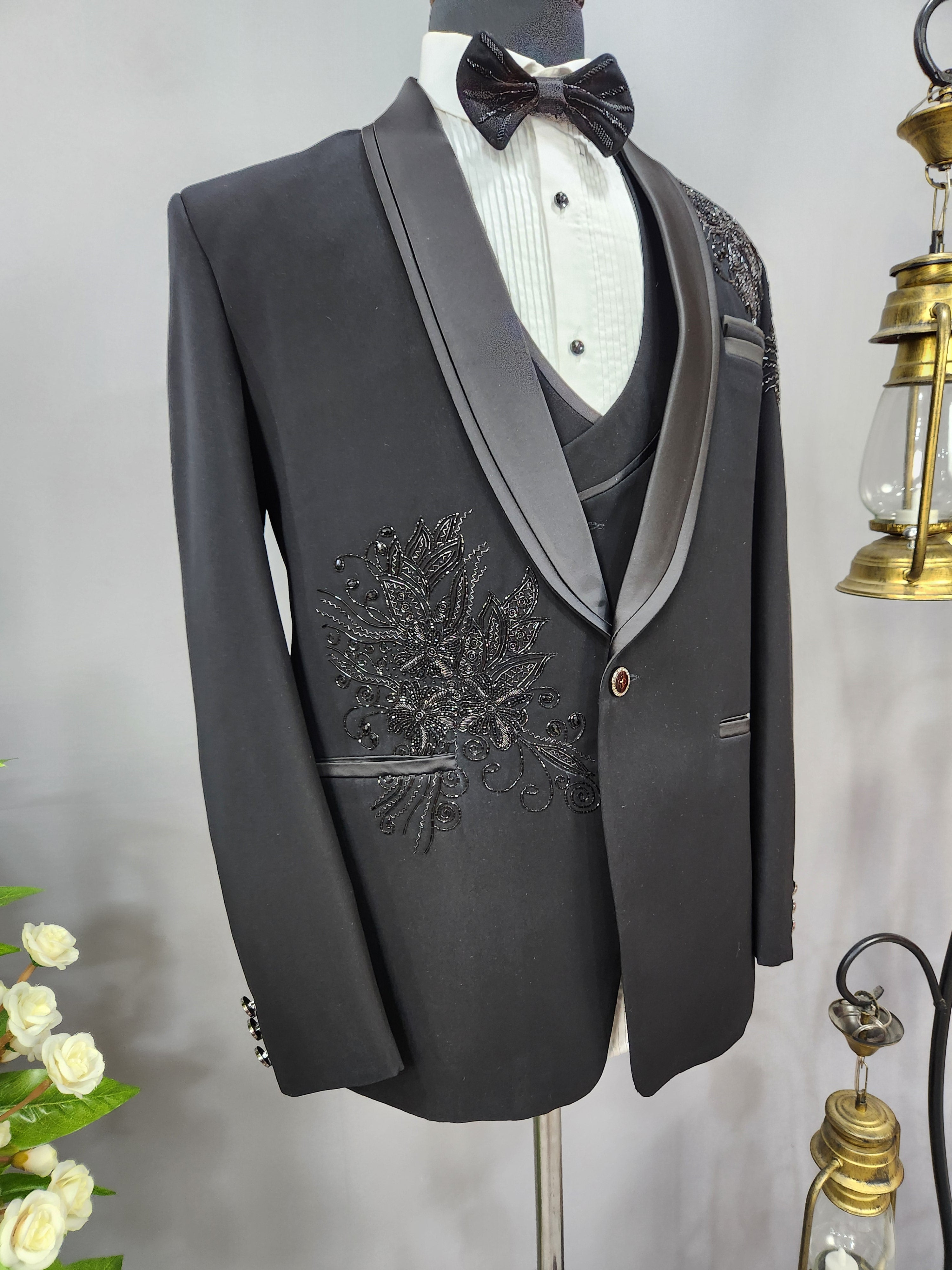 Beads Studed Men's Black Tuxedo Suit for Wedding | Indian Groom Reception Outfit