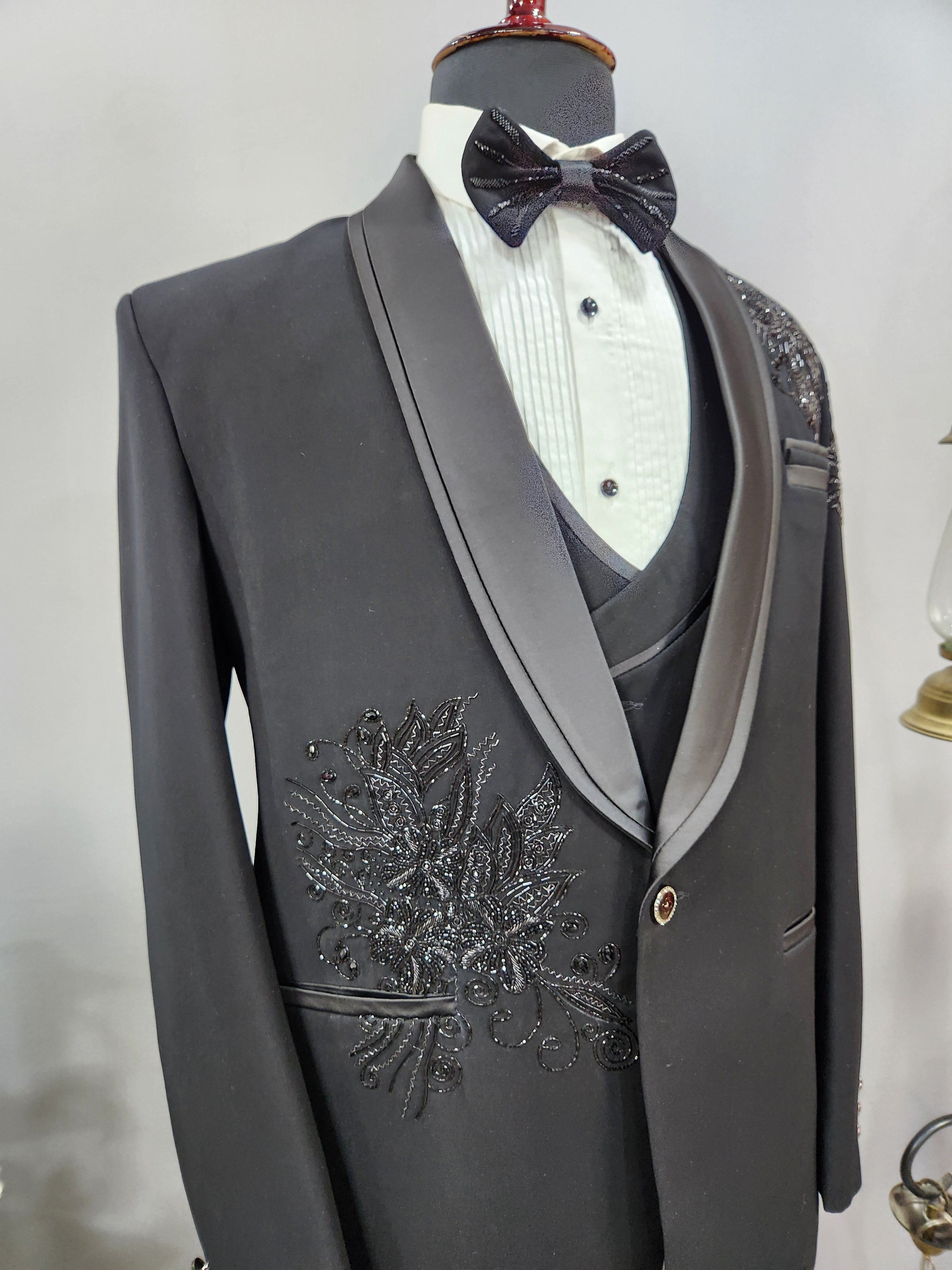 Beads Studed Men's Black Tuxedo Suit for Wedding | Indian Groom Reception Outfit