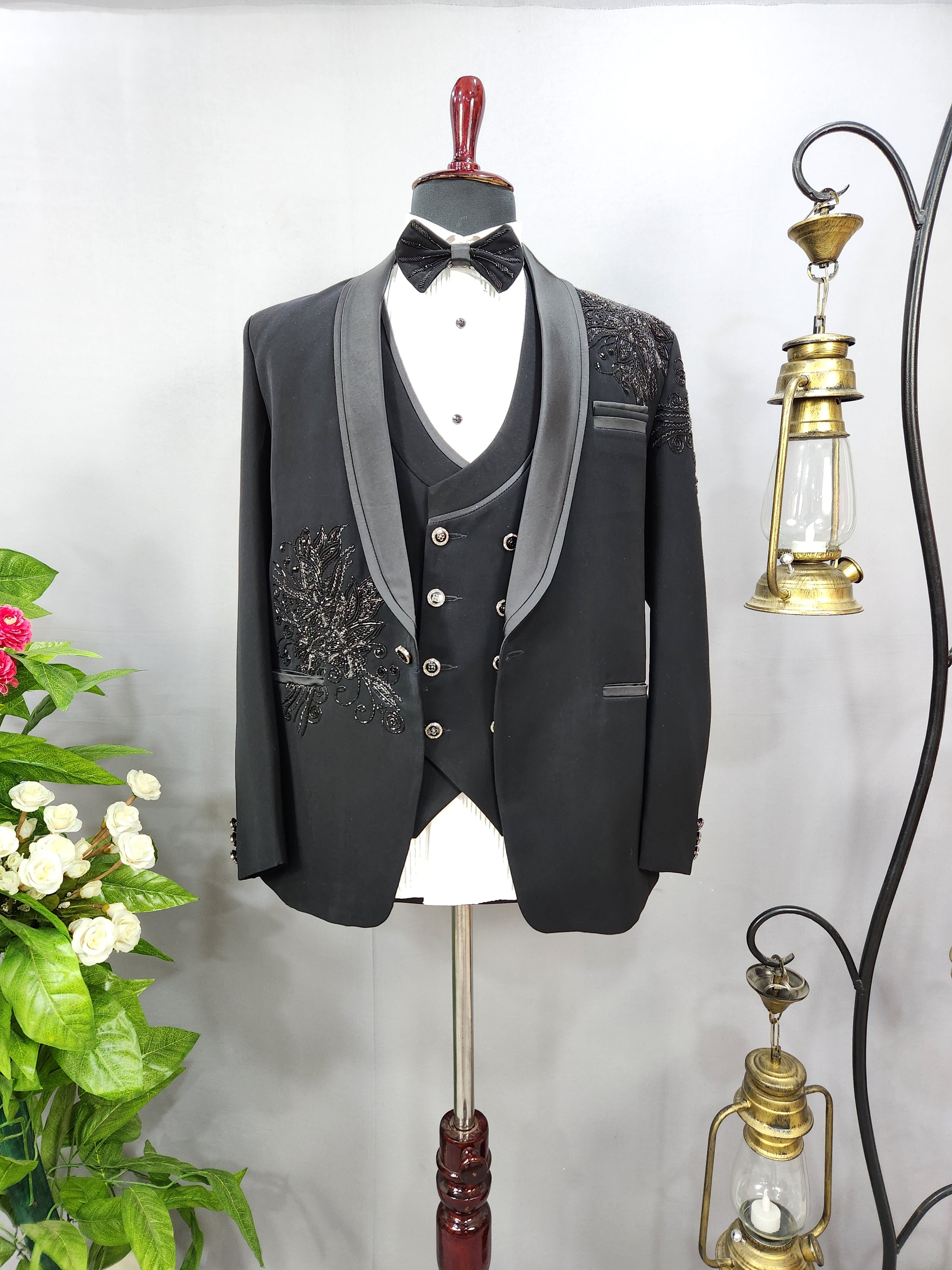 Beads Studed Men's Black Tuxedo Suit for Wedding | Indian Groom Reception Outfit
