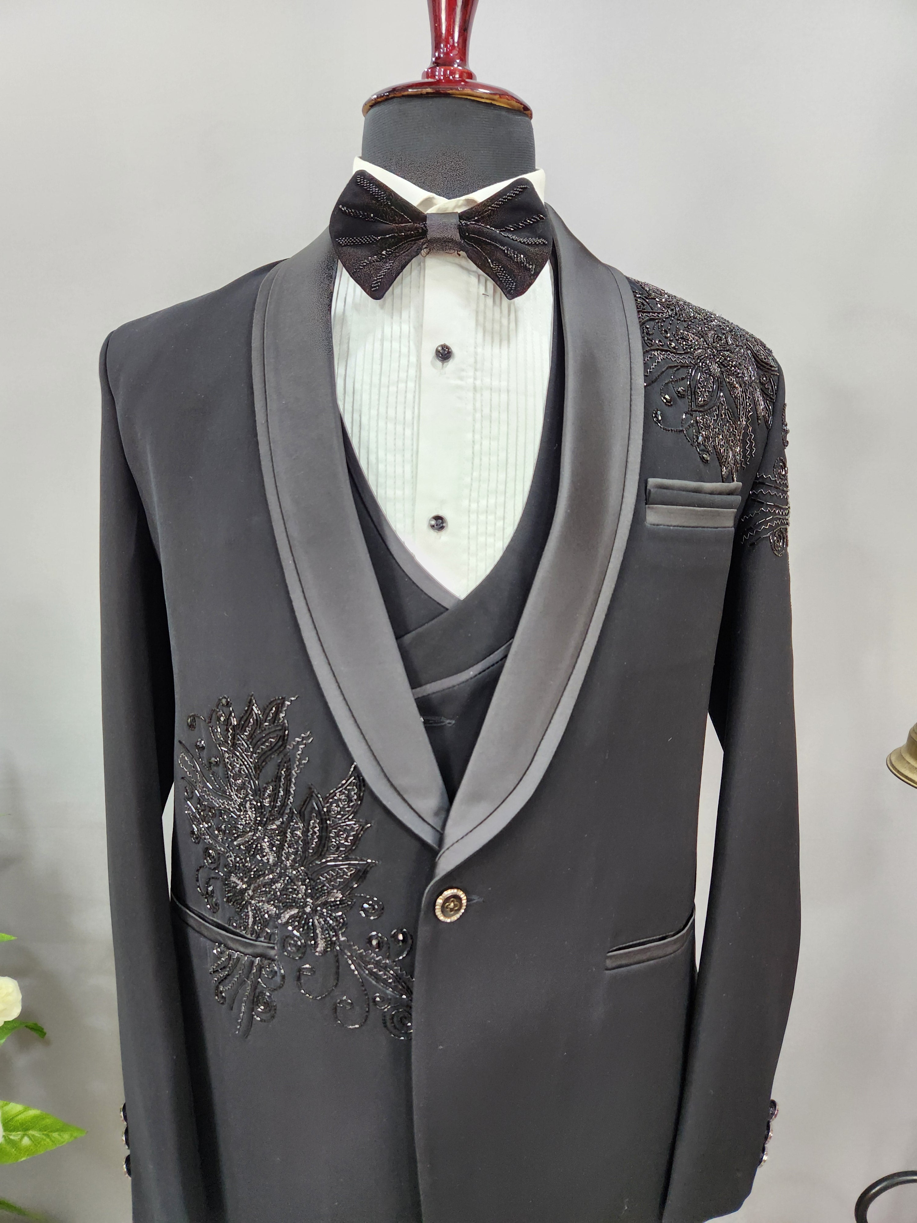 Beads Studed Men's Black Tuxedo Suit for Wedding | Indian Groom Reception Outfit