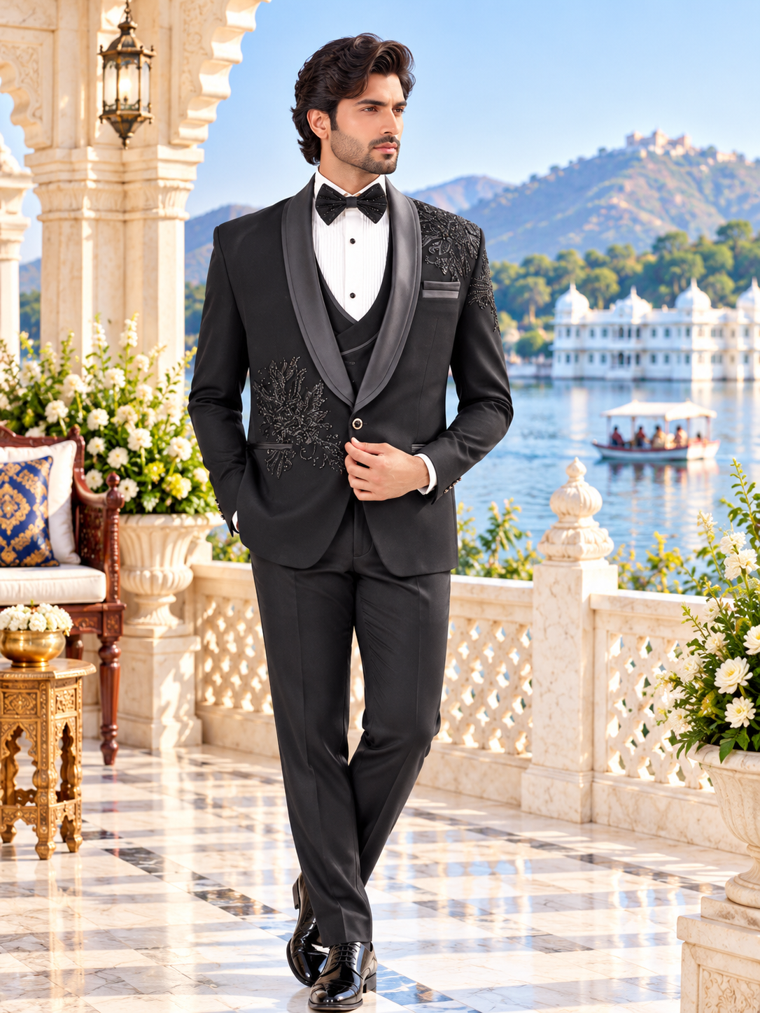 Beads Studed Men's Black Tuxedo Suit for Wedding | Indian Groom Reception Outfit