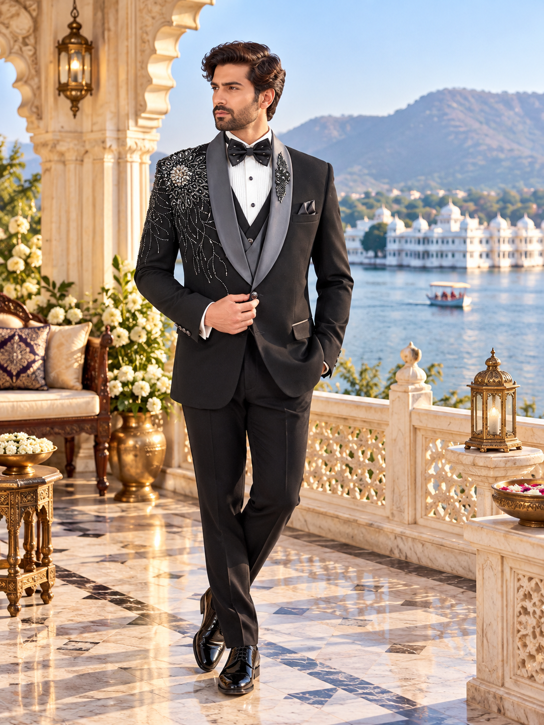 Beads Studed Men's Black Tuxedo Suit for Wedding | Indian Groom Reception Outfit