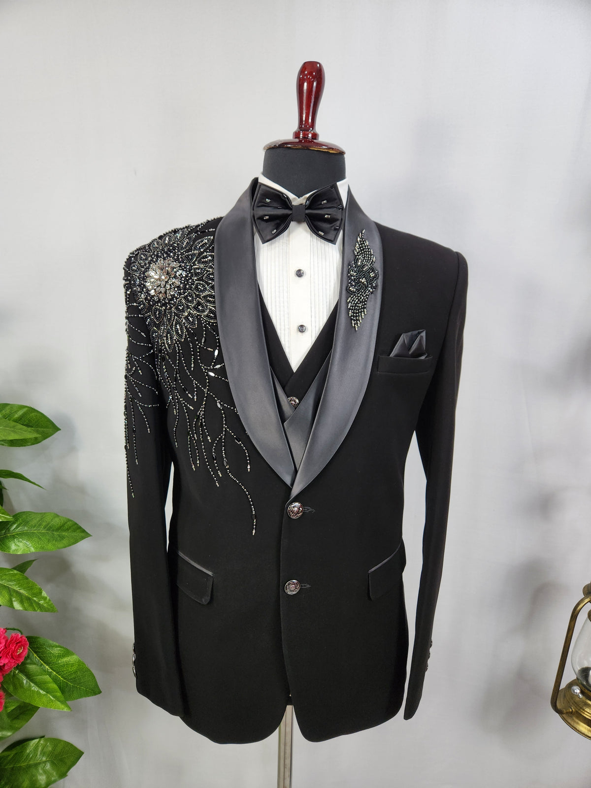 Beads Studed Men's Black Tuxedo Suit for Wedding | Indian Groom Reception Outfit
