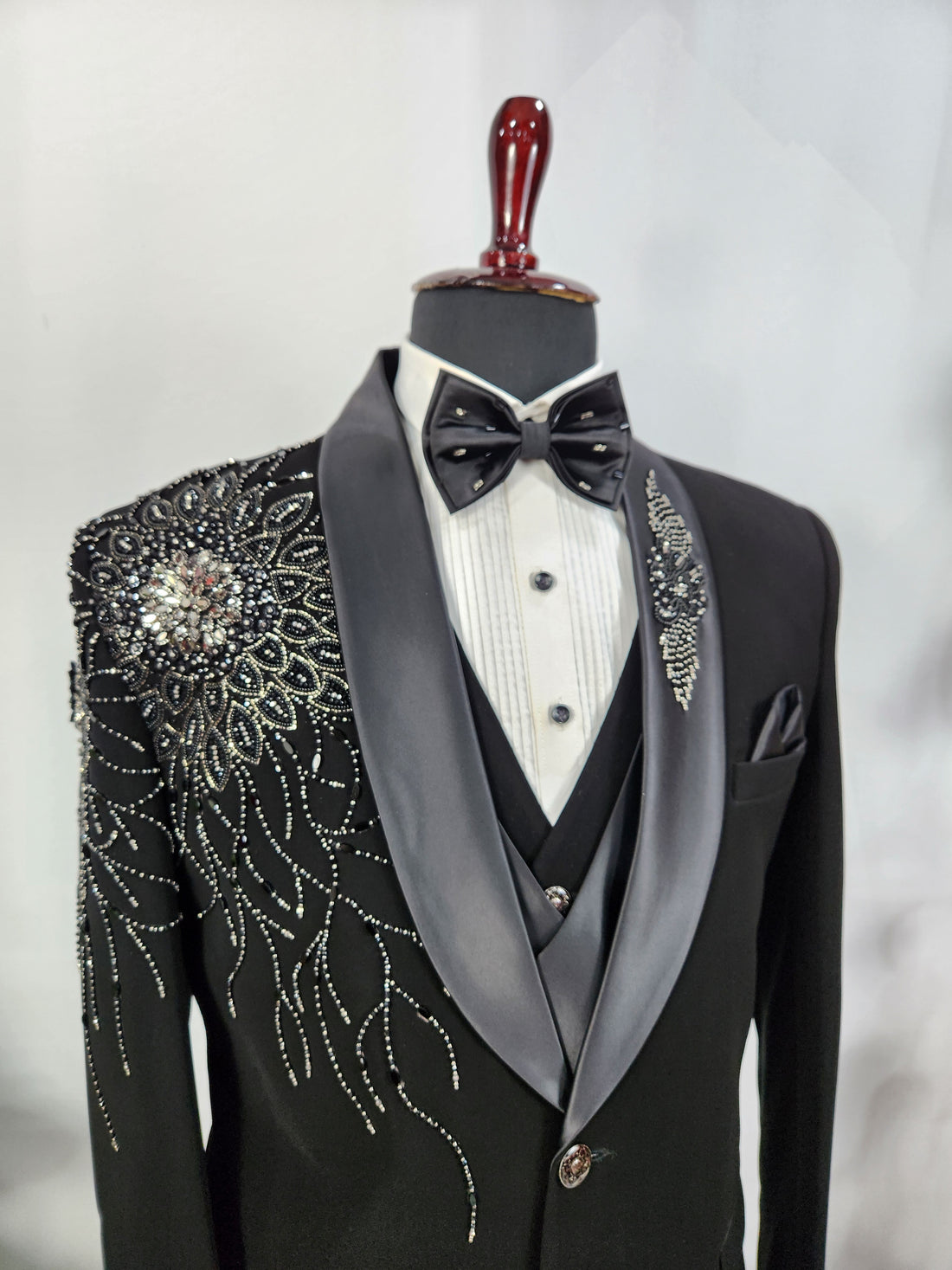 Beads Studed Men's Black Tuxedo Suit for Wedding | Indian Groom Reception Outfit