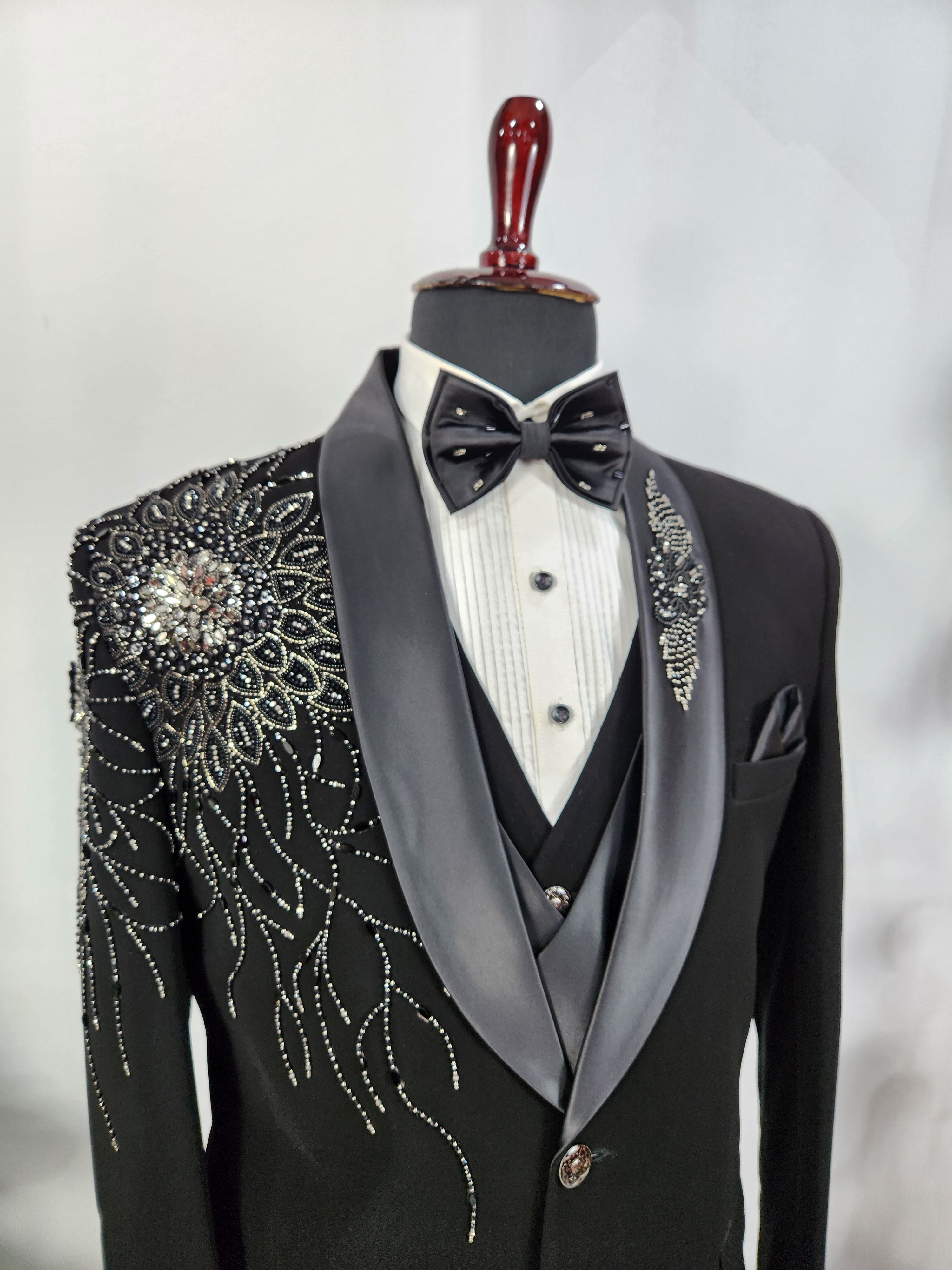 Beads Studed Men's Black Tuxedo Suit for Wedding | Indian Groom Reception Outfit