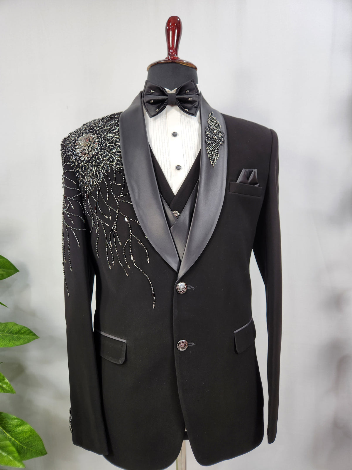 Beads Studed Men's Black Tuxedo Suit for Wedding | Indian Groom Reception Outfit