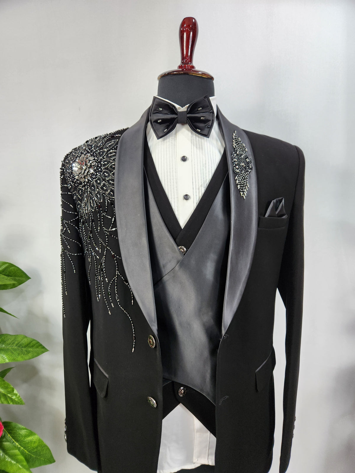 Beads Studed Men's Black Tuxedo Suit for Wedding | Indian Groom Reception Outfit