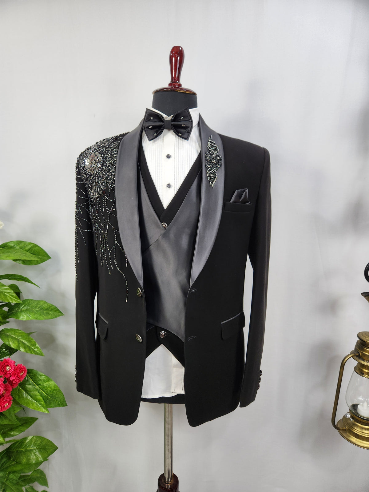 Beads Studed Men's Black Tuxedo Suit for Wedding | Indian Groom Reception Outfit