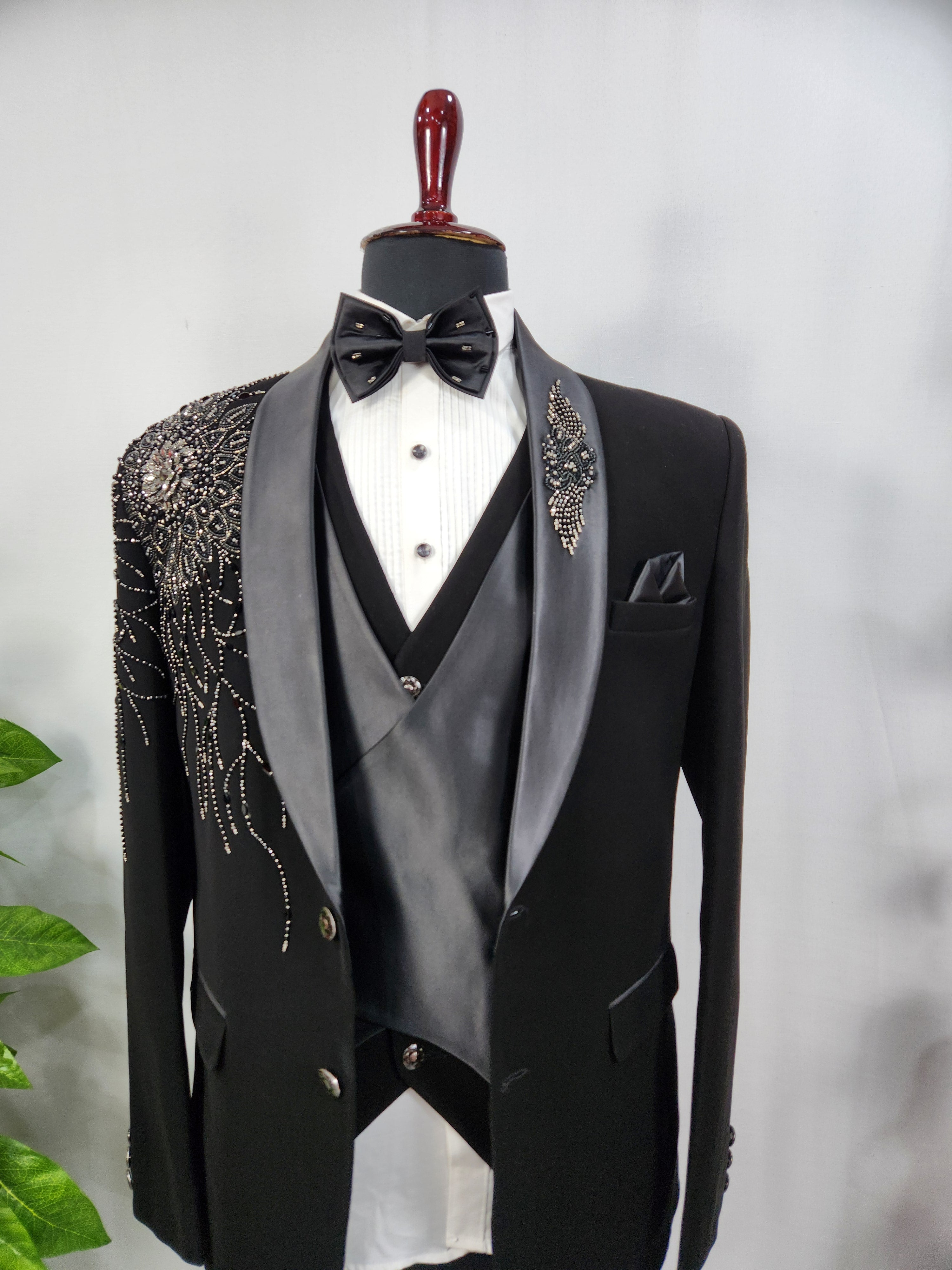 Beads Studed Men's Black Tuxedo Suit for Wedding | Indian Groom Reception Outfit