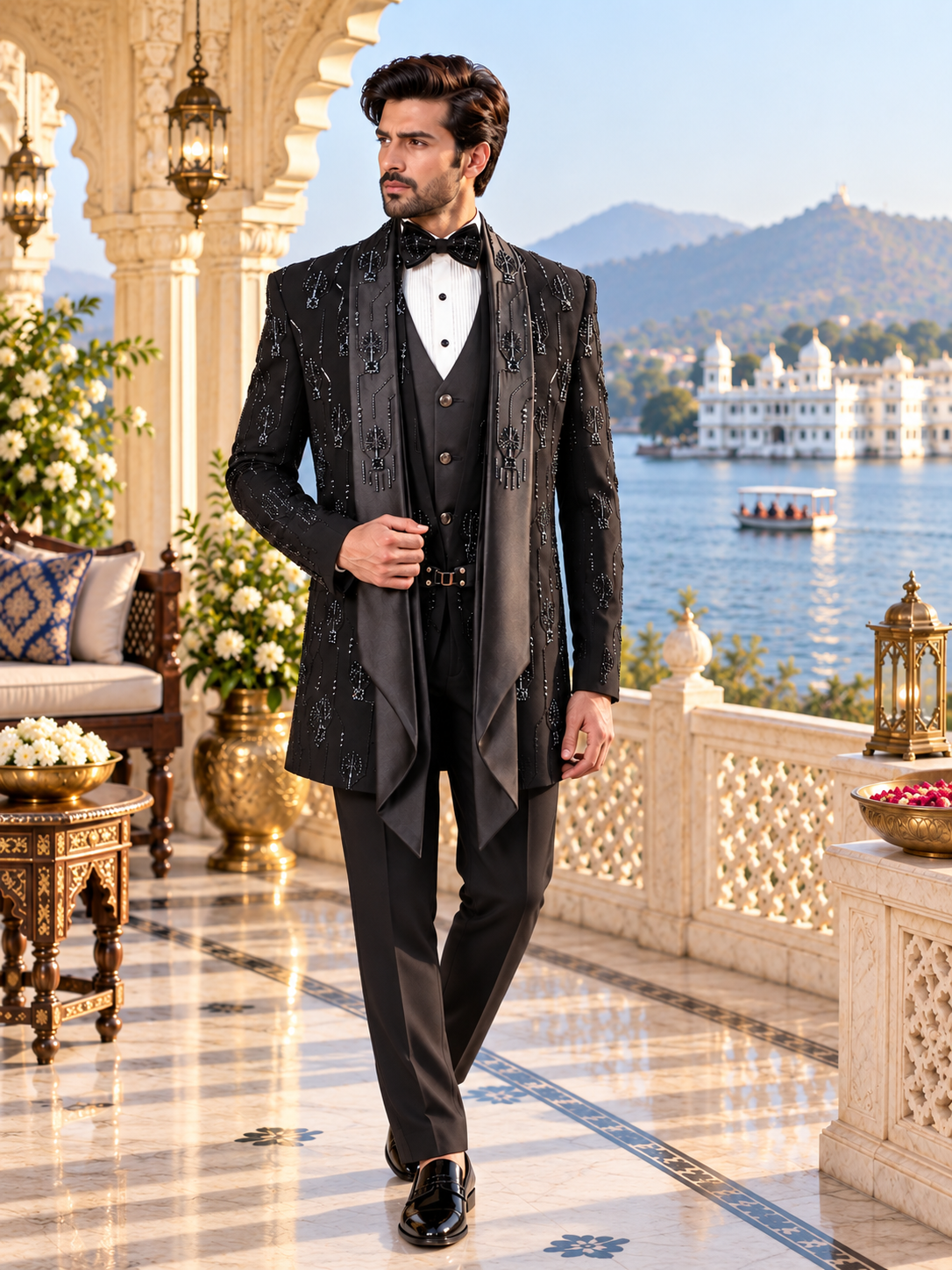 Beads Studed Men's Black Tuxedo Suit for Wedding | Indian Groom Reception Outfit