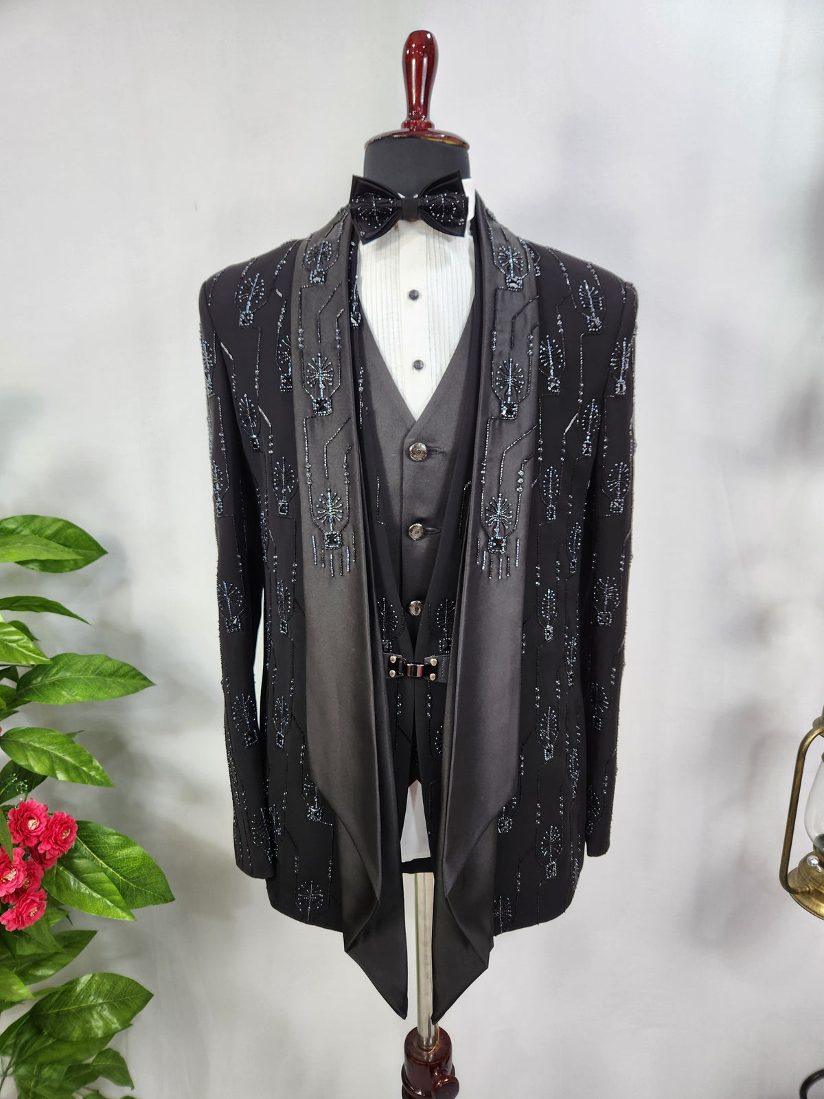 Beads Studed Men's Black Tuxedo Suit for Wedding | Indian Groom Reception Outfit
