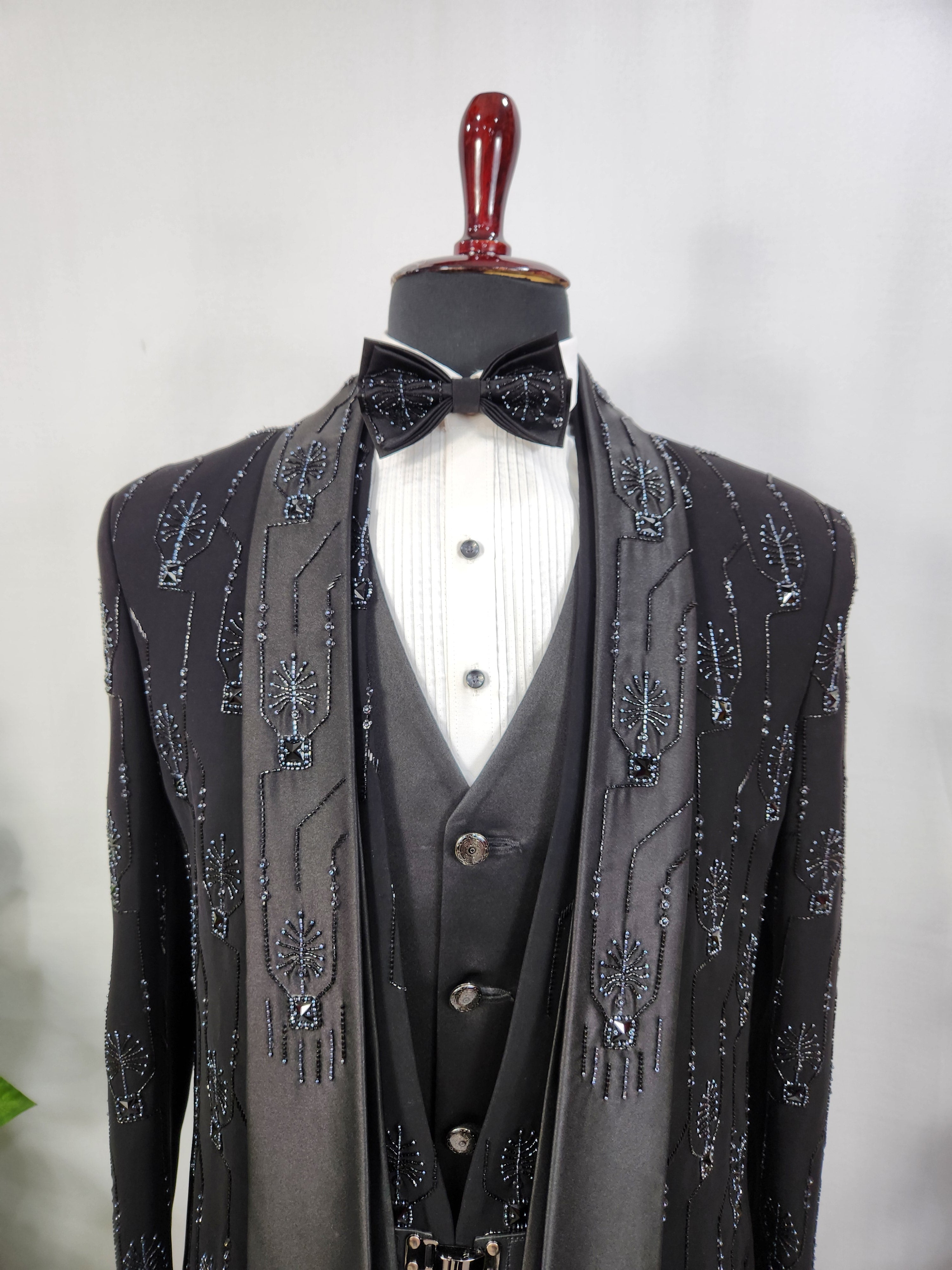 Beads Studed Men's Black Tuxedo Suit for Wedding | Indian Groom Reception Outfit