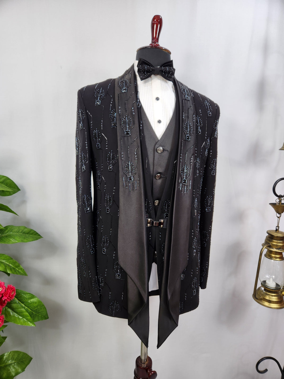 Beads Studed Men's Black Tuxedo Suit for Wedding | Indian Groom Reception Outfit