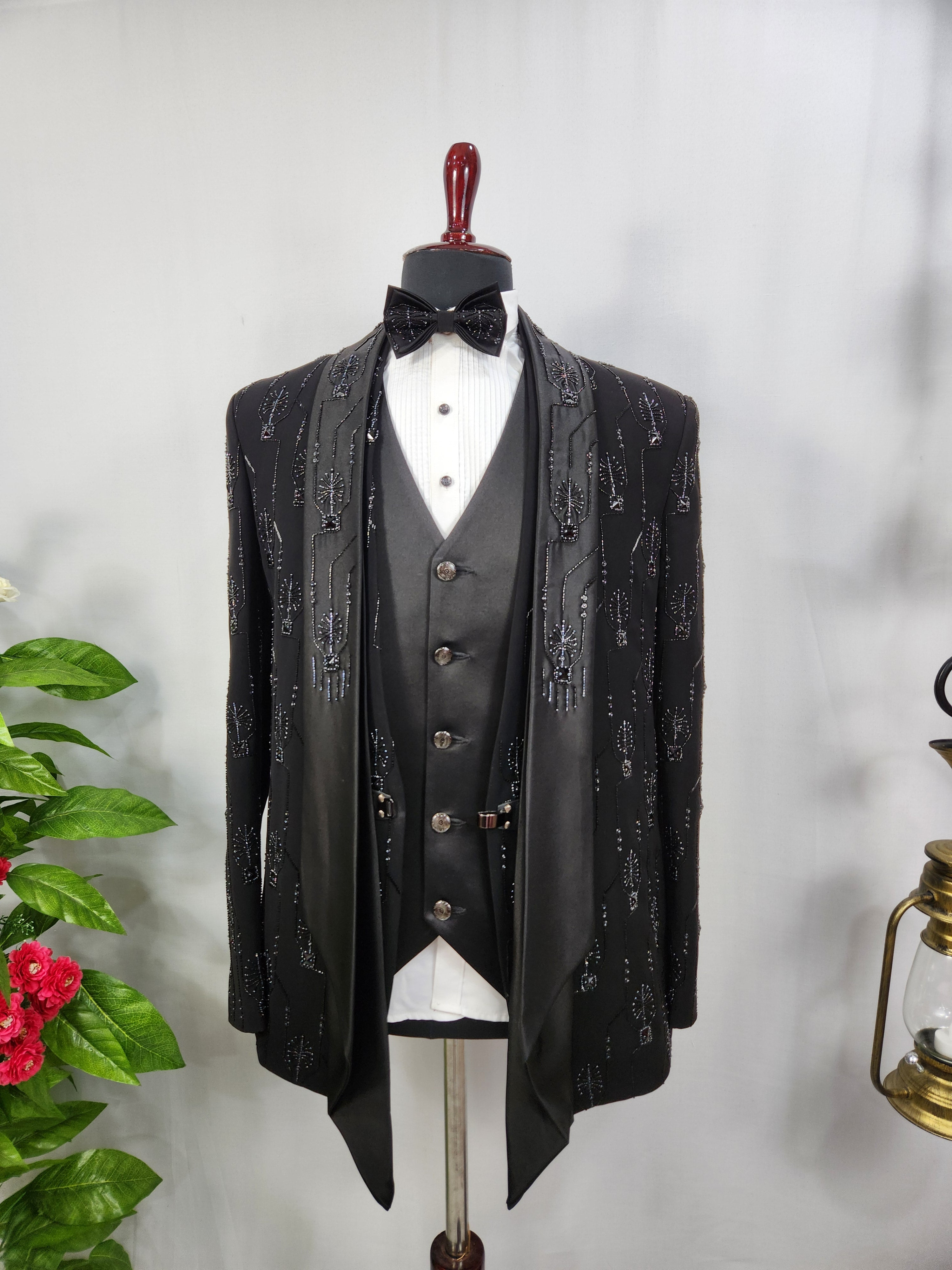 Beads Studed Men's Black Tuxedo Suit for Wedding | Indian Groom Reception Outfit