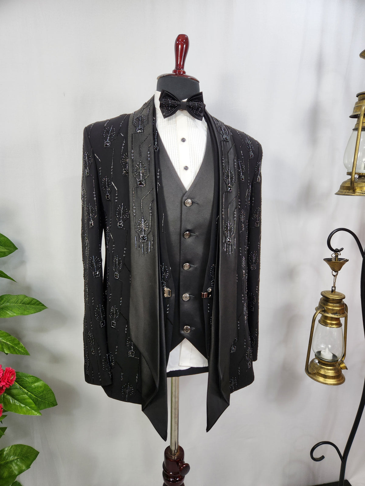 Beads Studed Men's Black Tuxedo Suit for Wedding | Indian Groom Reception Outfit