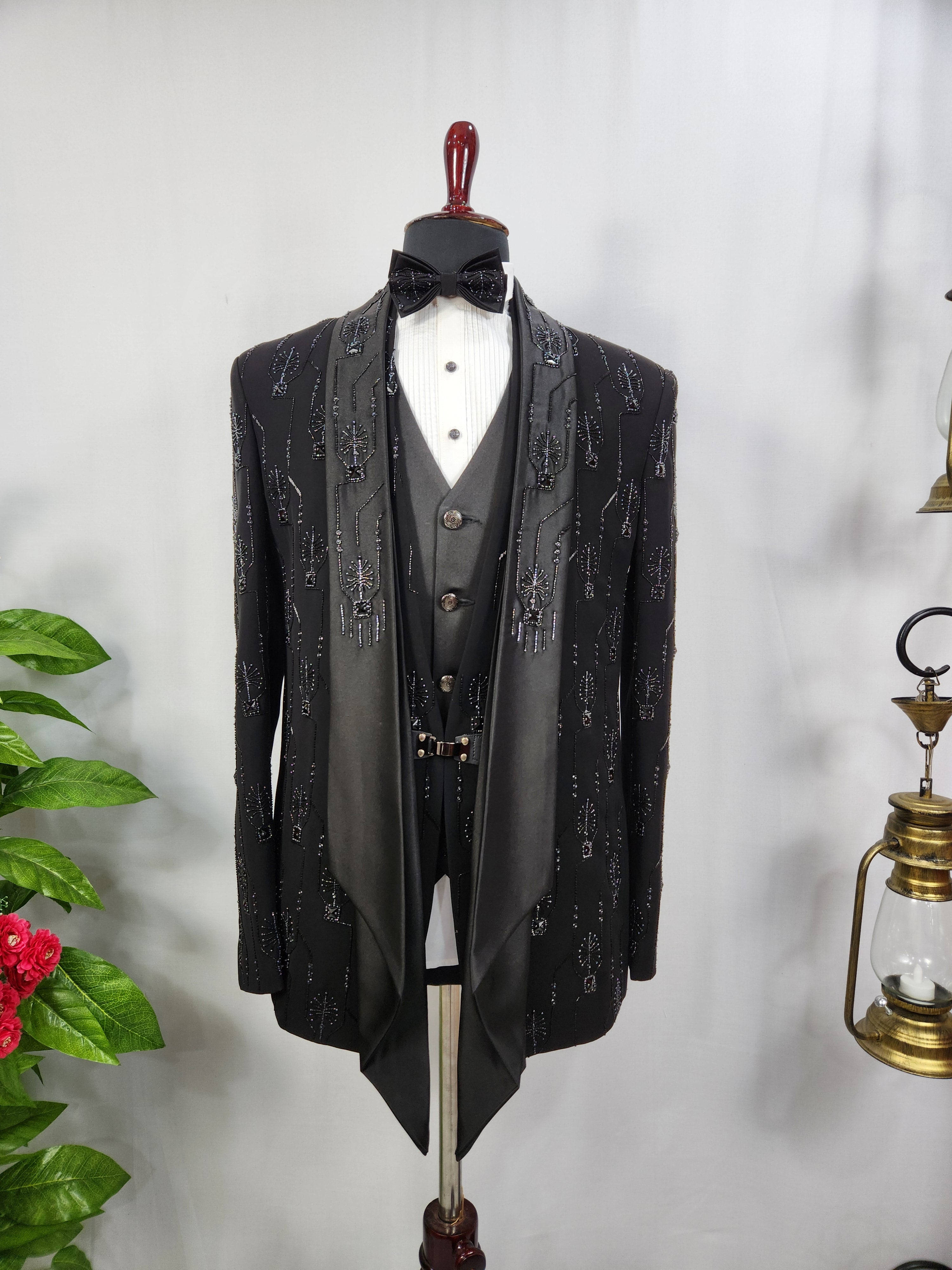 Beads Studed Men's Black Tuxedo Suit for Wedding | Indian Groom Reception Outfit