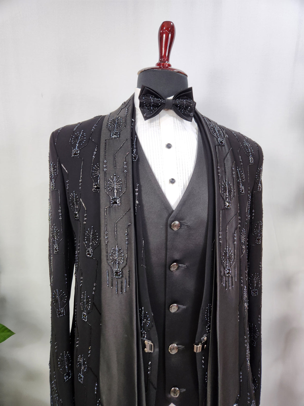 Beads Studed Men's Black Tuxedo Suit for Wedding | Indian Groom Reception Outfit