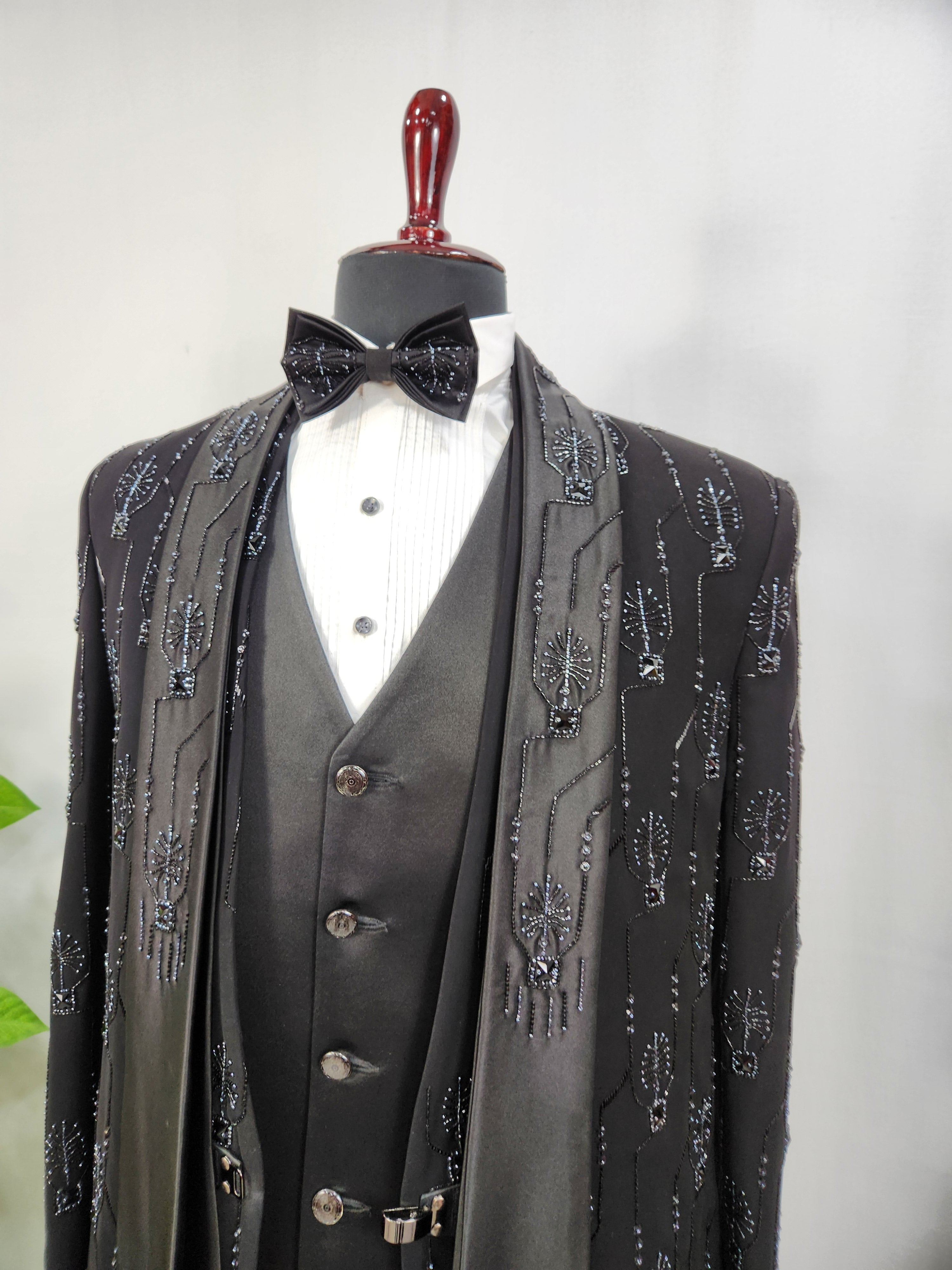 Beads Studed Men's Black Tuxedo Suit for Wedding | Indian Groom Reception Outfit