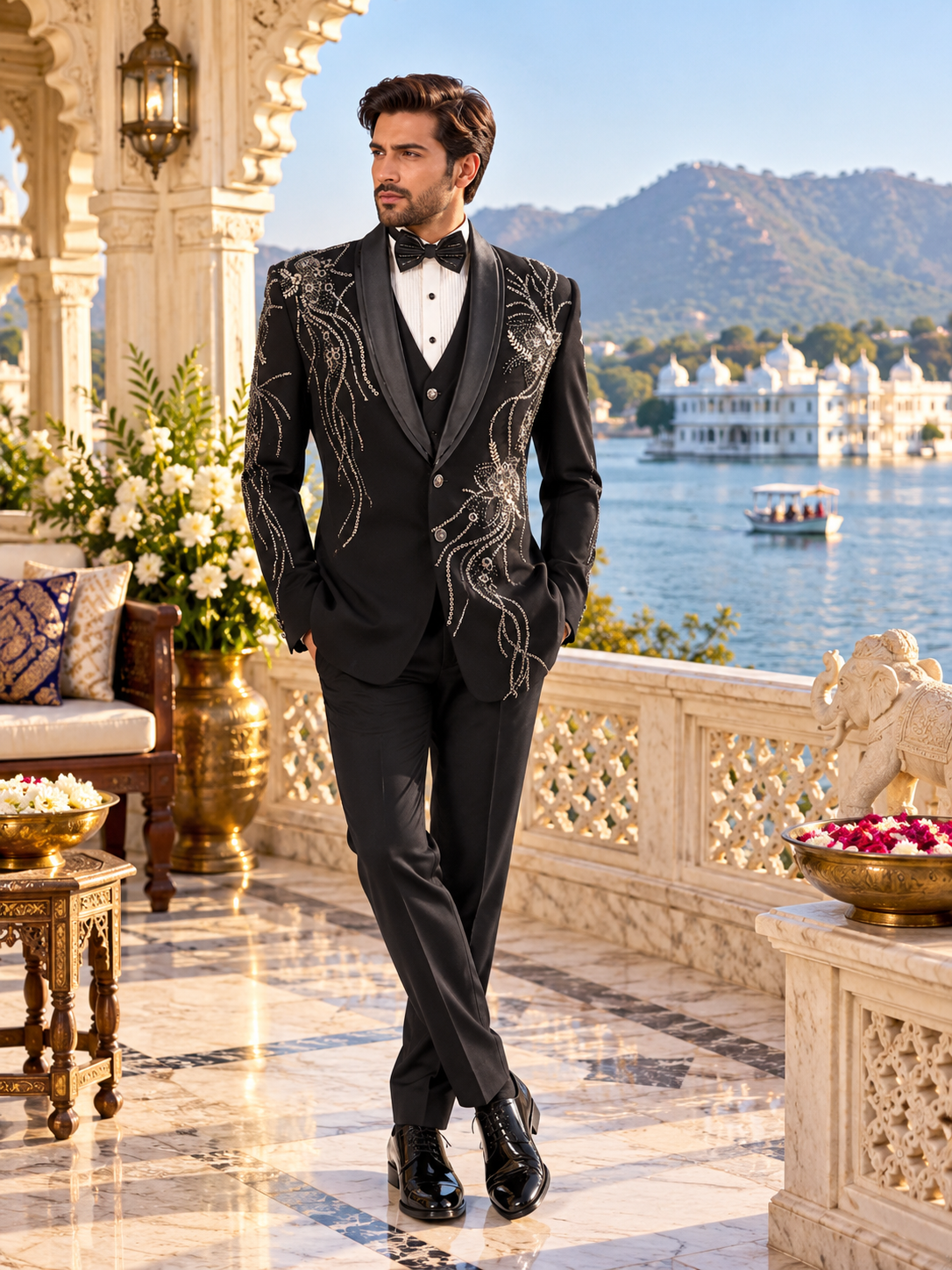 Men's Black Tuxedo Suit for Wedding | Indian Groom Reception Outfit
