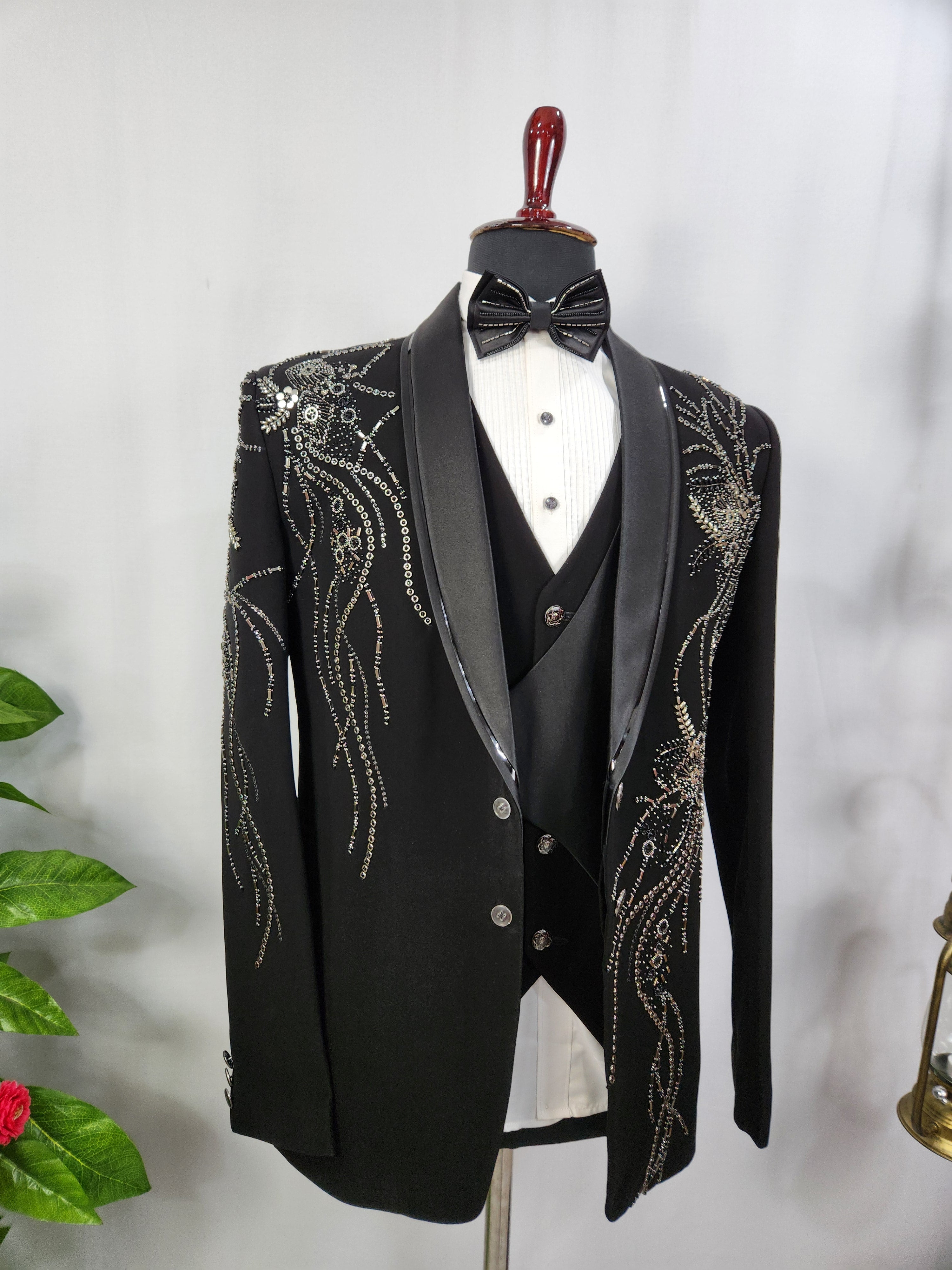Men's Black Tuxedo Suit for Wedding | Indian Groom Reception Outfit