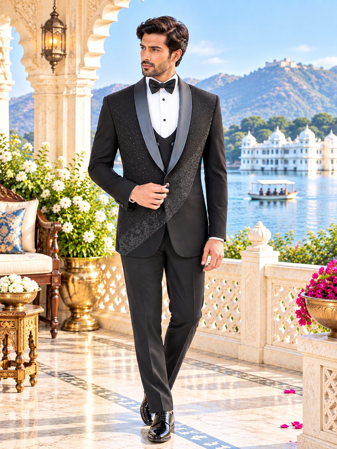 Artistic Design Men's Black Tuxedo Suit for Wedding | Indian Groom Reception Outfit