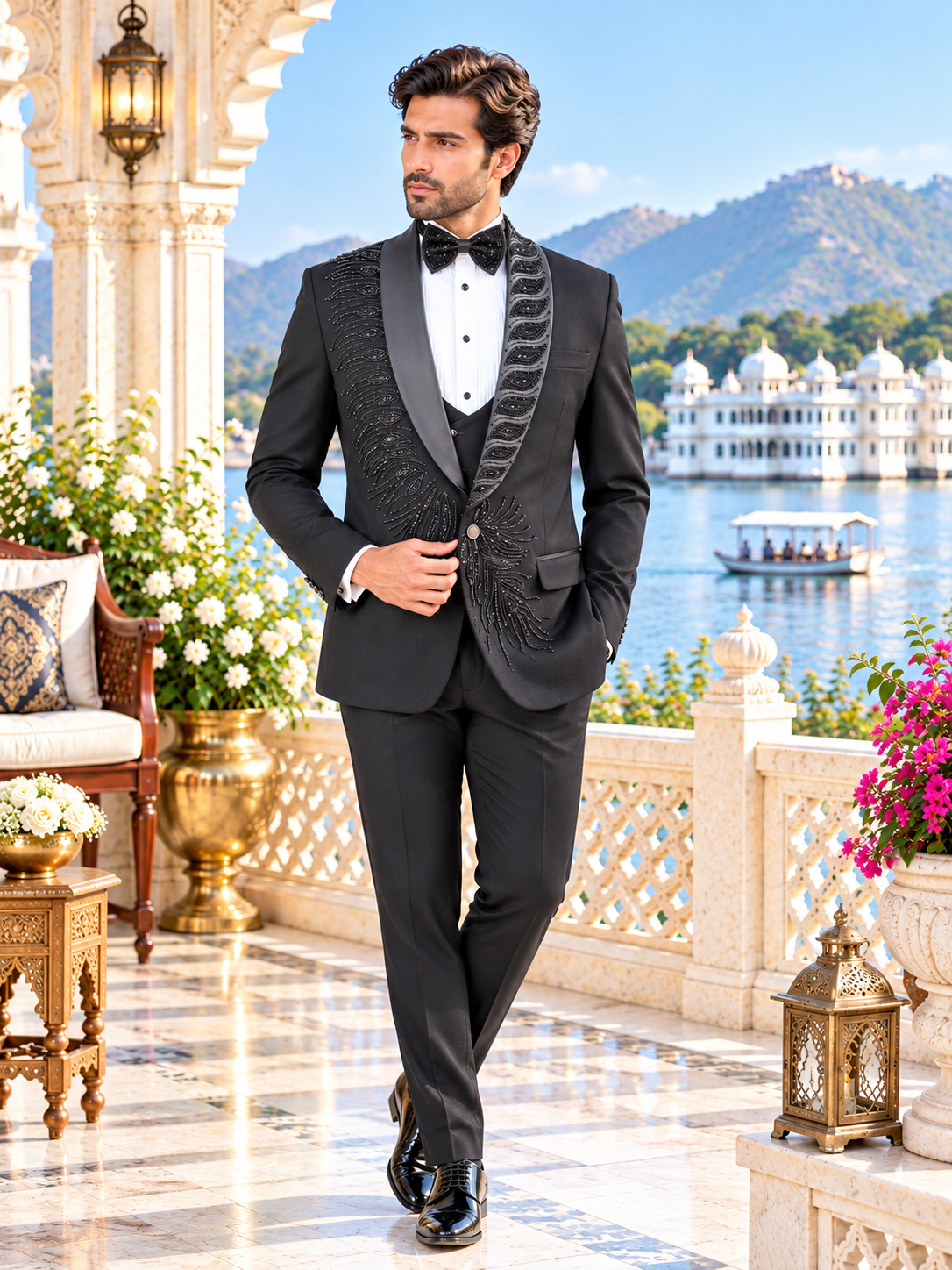 Beads Studed Men's Black Tuxedo Suit for Wedding | Indian Groom Reception Outfit
