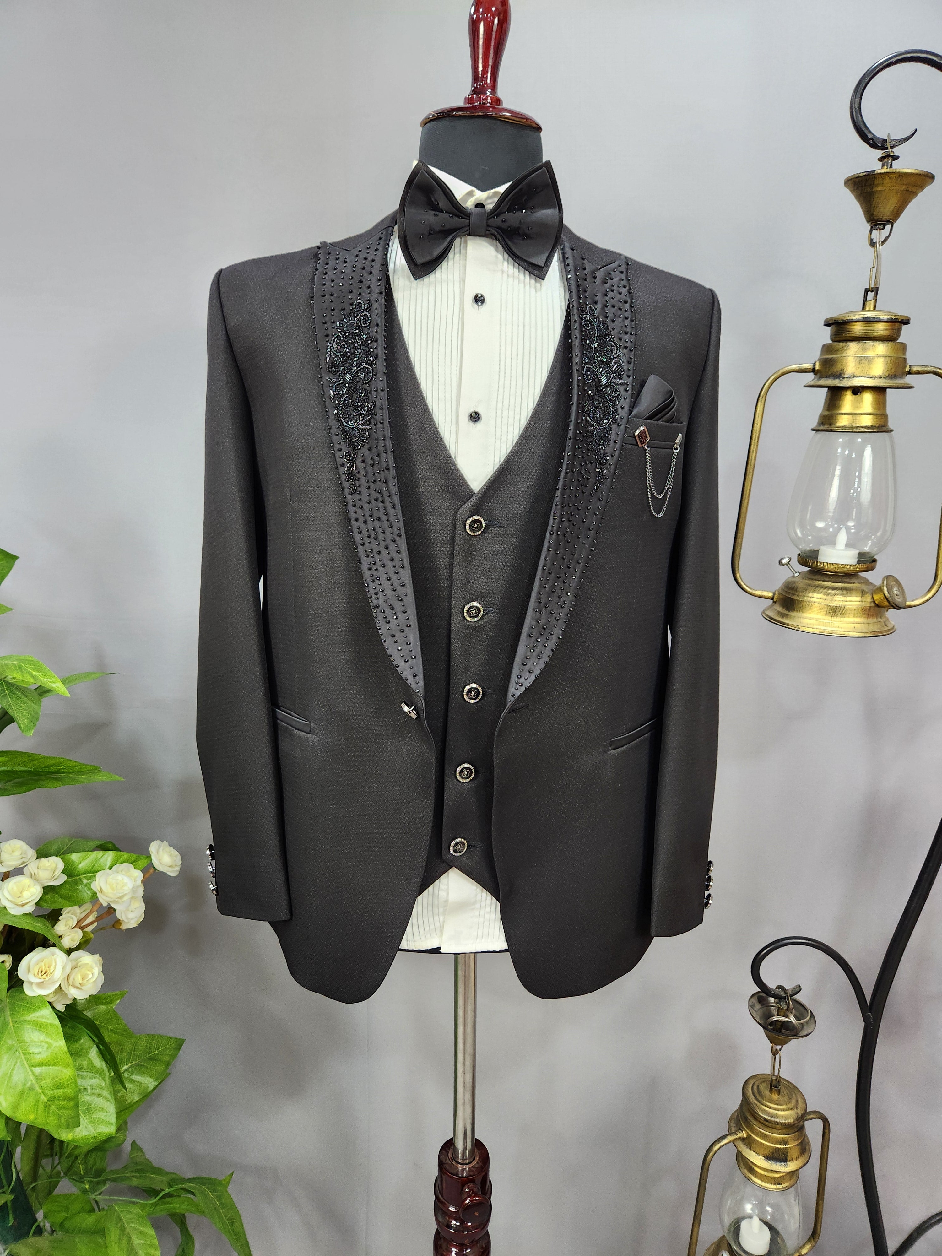 Handwork Men's Black Tuxedo Suit for Wedding | Indian Groom Reception Outfit
