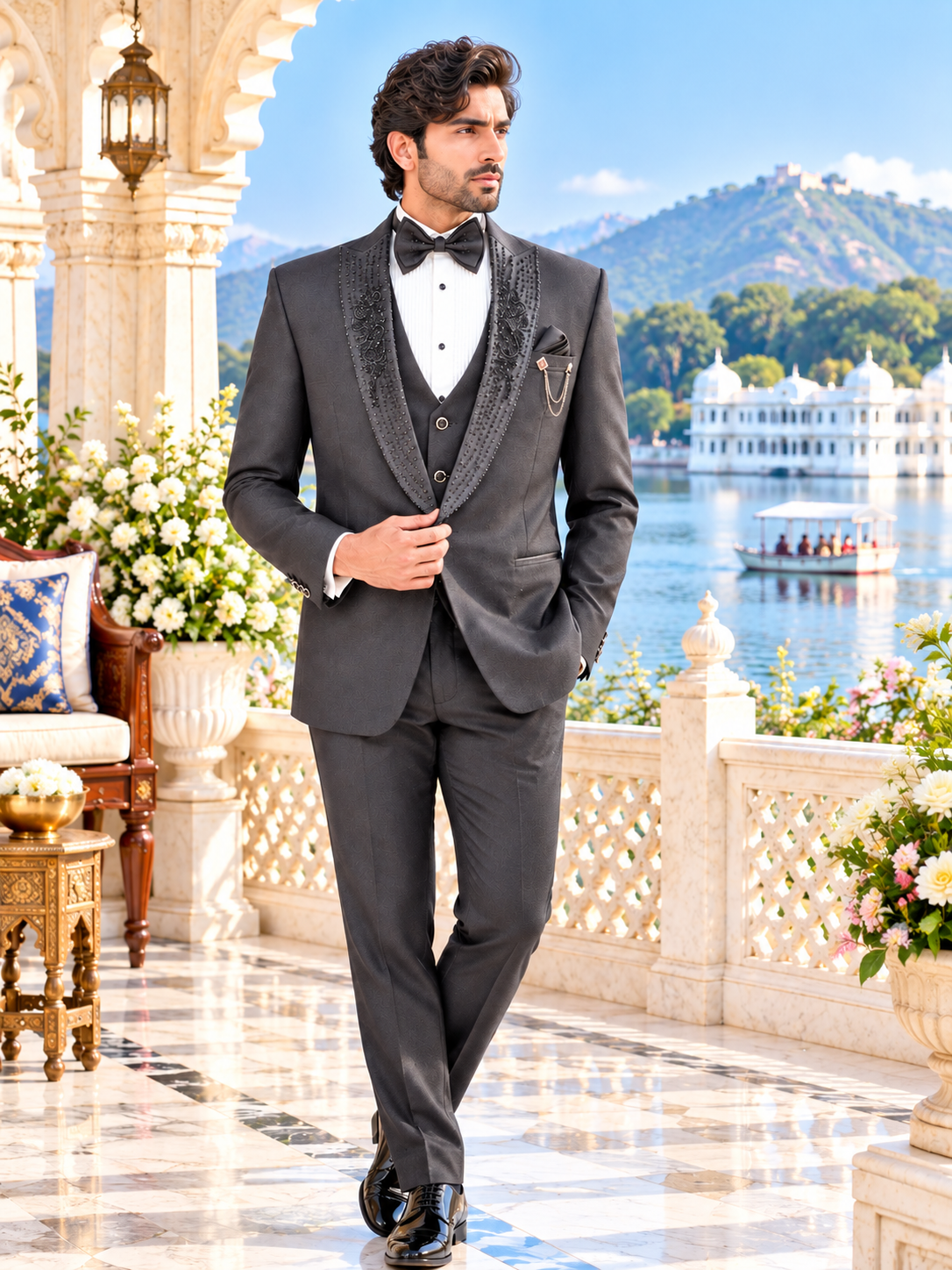 Handwork Men's Black Tuxedo Suit for Wedding | Indian Groom Reception Outfit