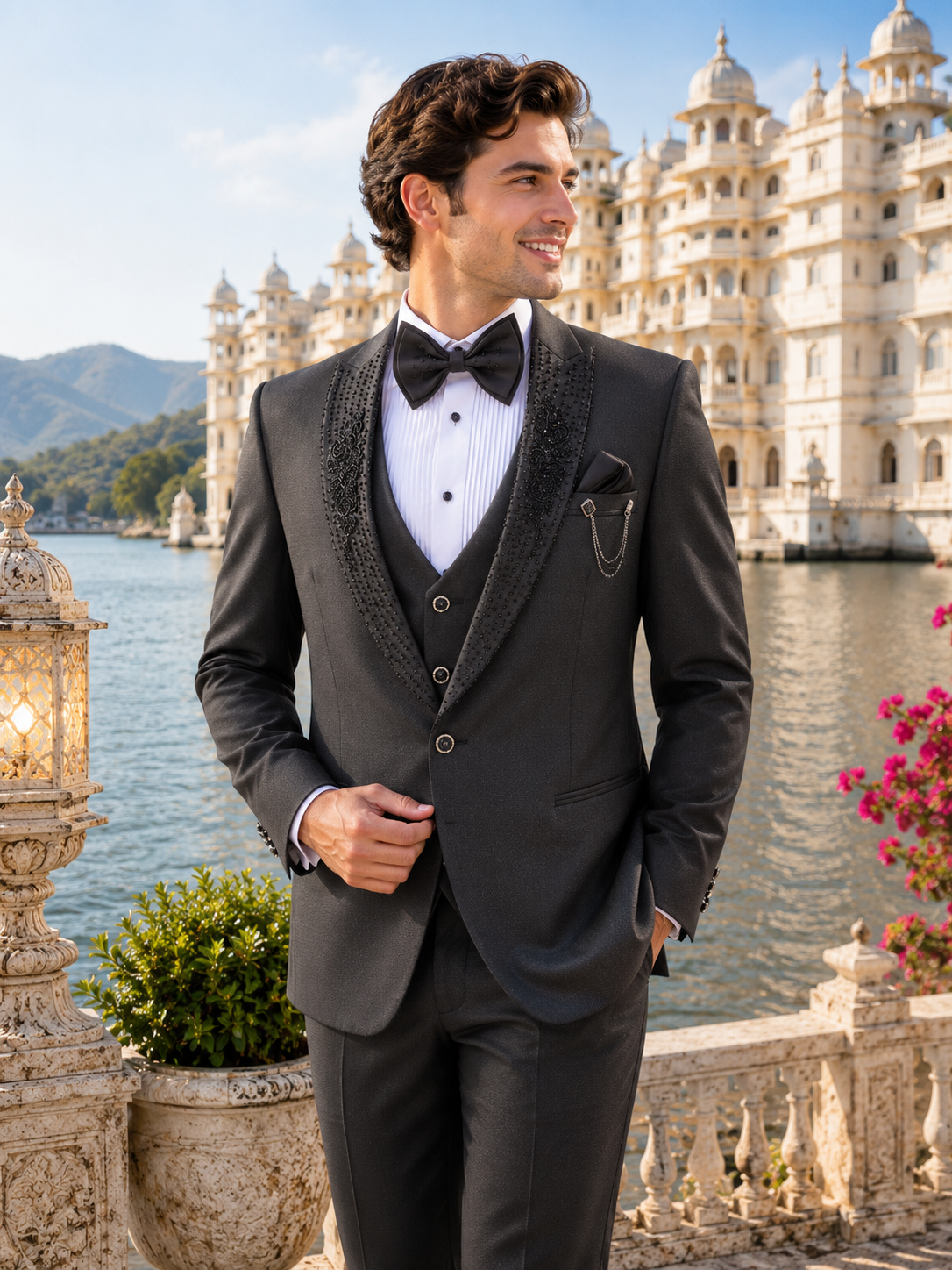Handwork Men's Black Tuxedo Suit for Wedding | Indian Groom Reception Outfit