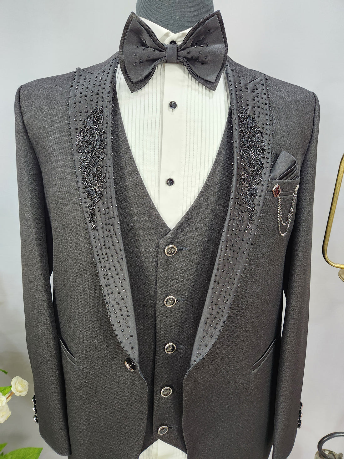 Handwork Men's Black Tuxedo Suit for Wedding | Indian Groom Reception Outfit