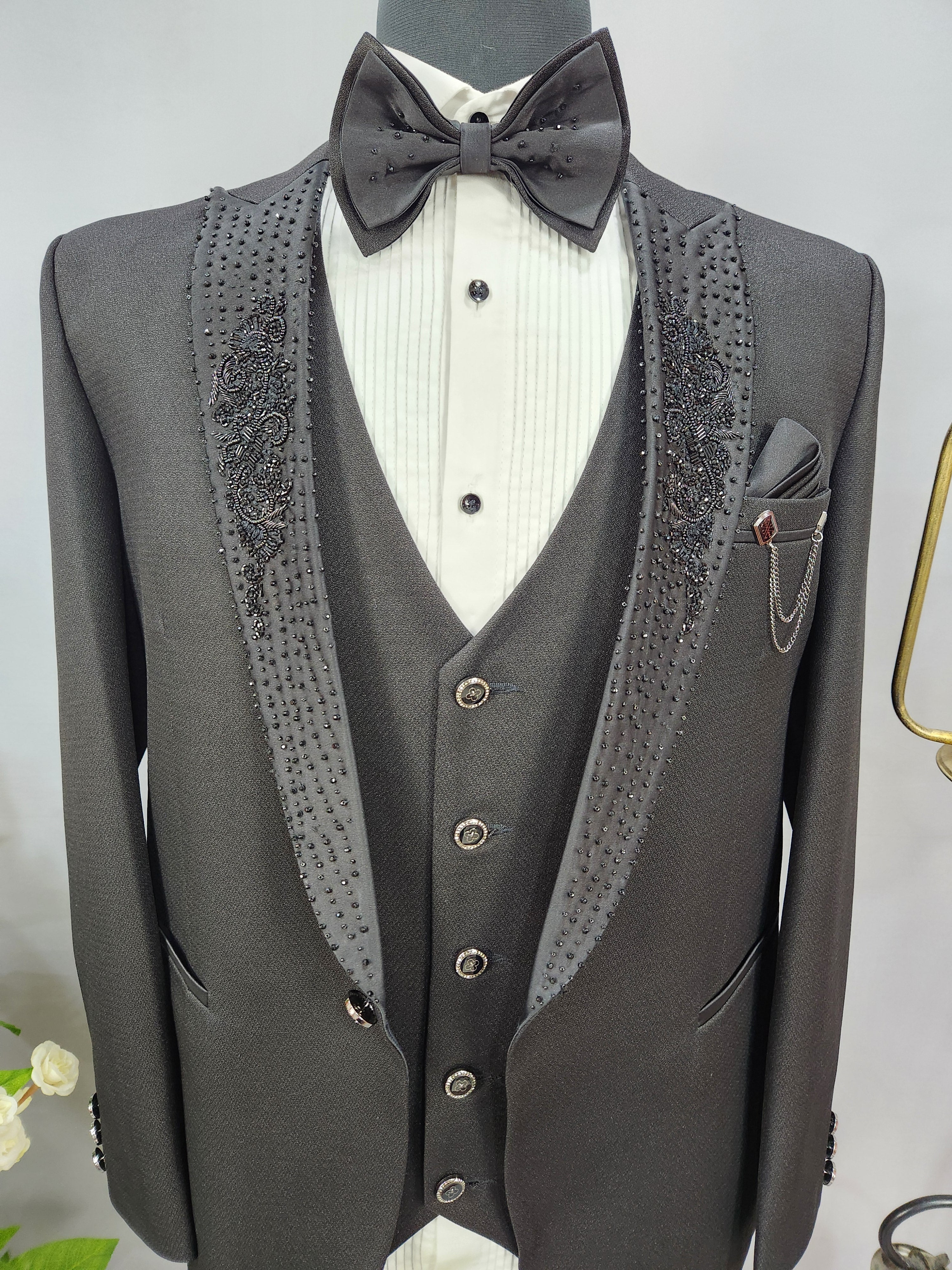 Handwork Men's Black Tuxedo Suit for Wedding | Indian Groom Reception Outfit
