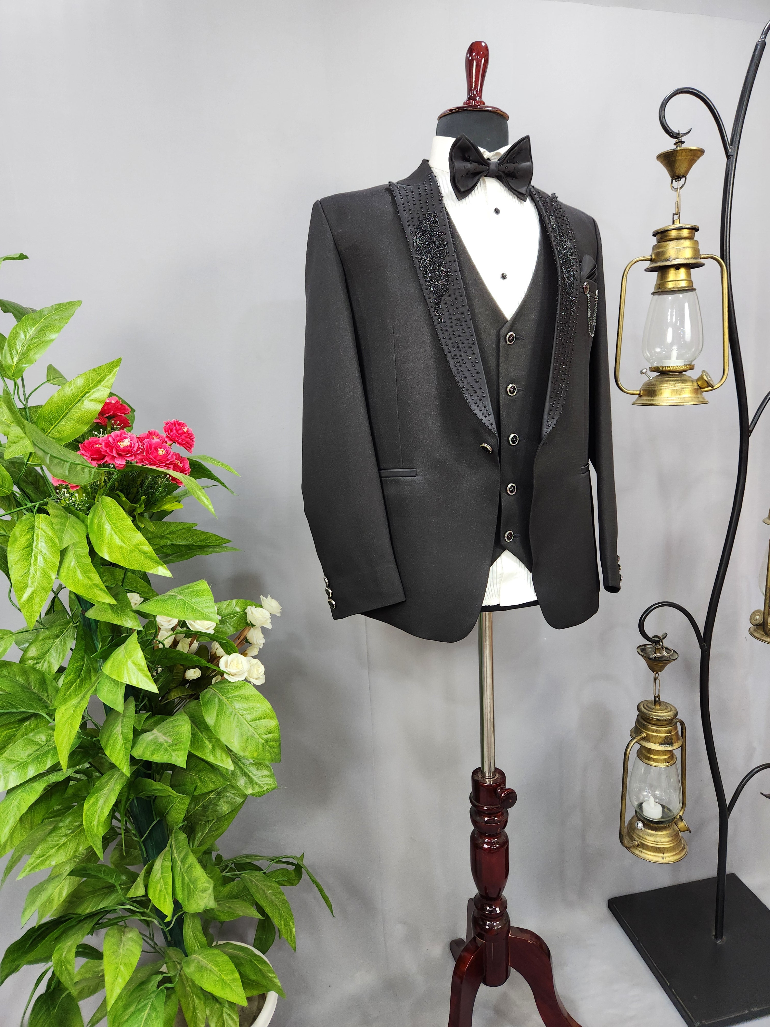 Handwork Men's Black Tuxedo Suit for Wedding | Indian Groom Reception Outfit