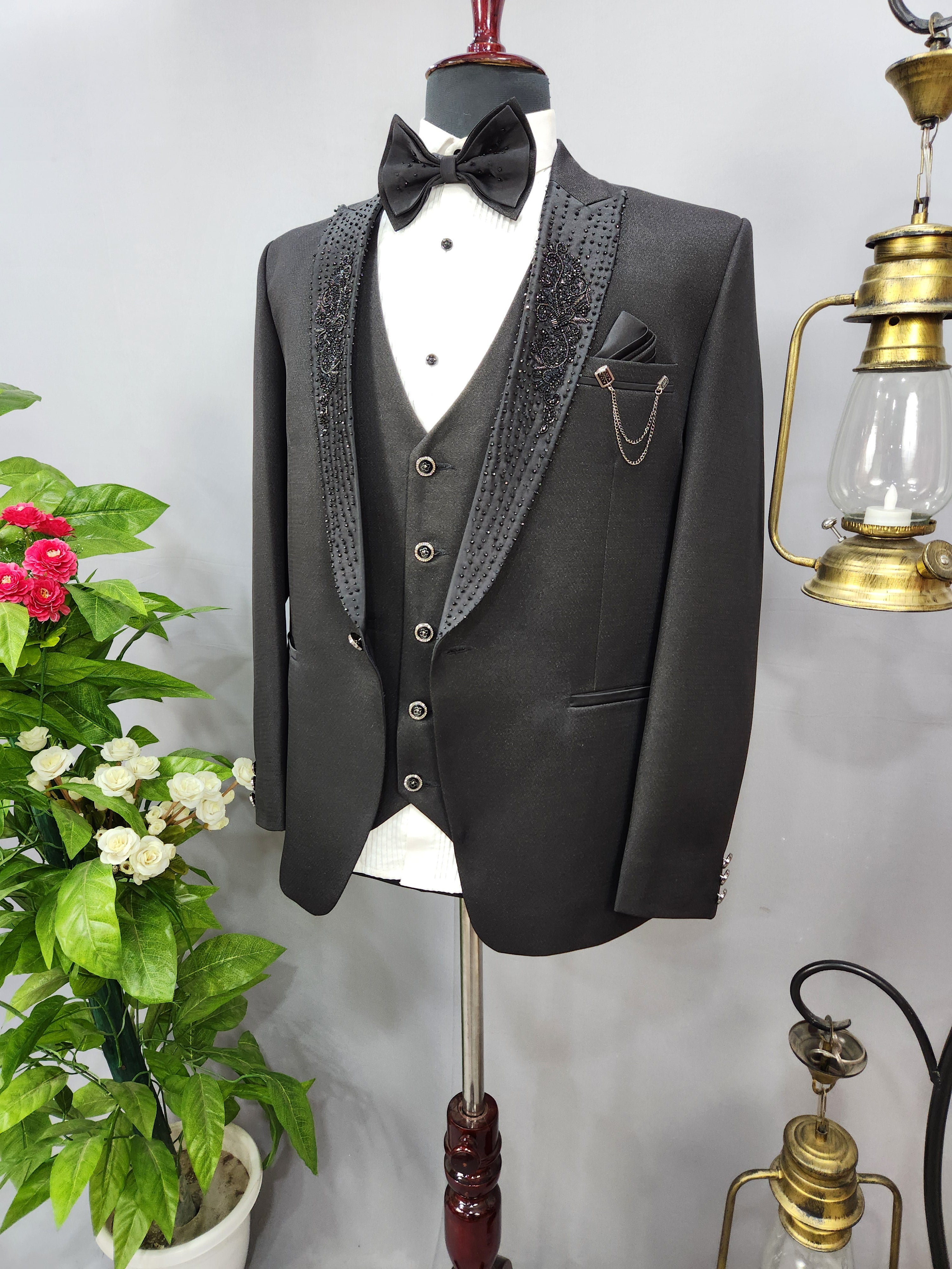 Handwork Men's Black Tuxedo Suit for Wedding | Indian Groom Reception Outfit