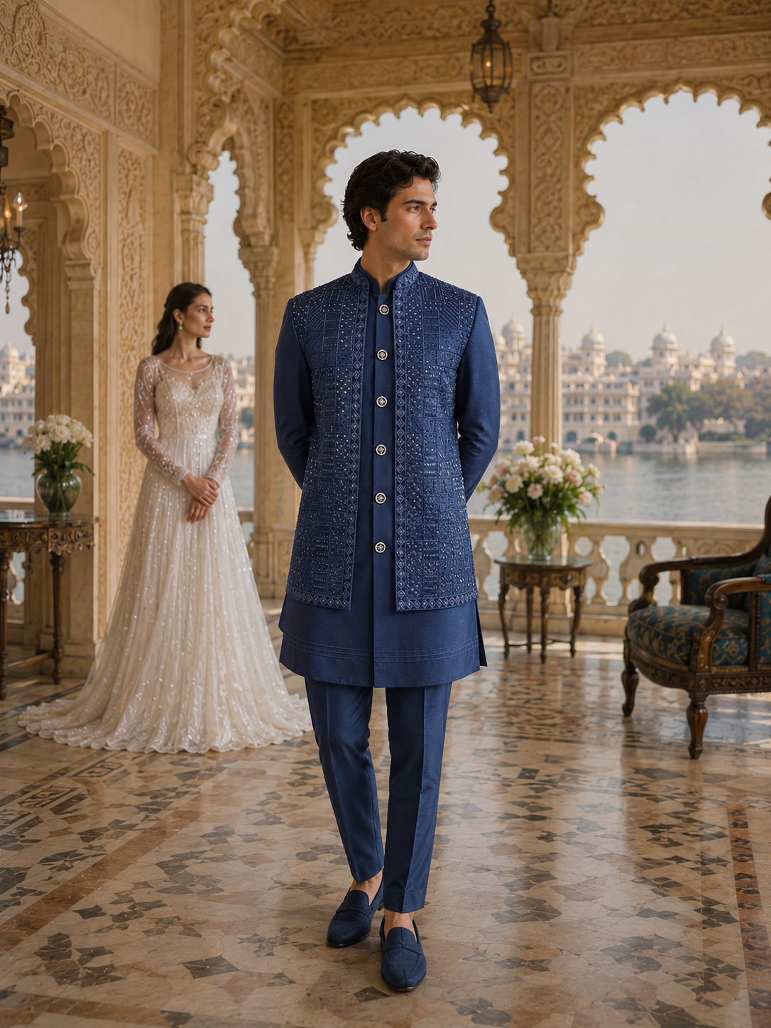 Blue Indo-Western Sherwani for Men | Indian Groom Wedding Outfit