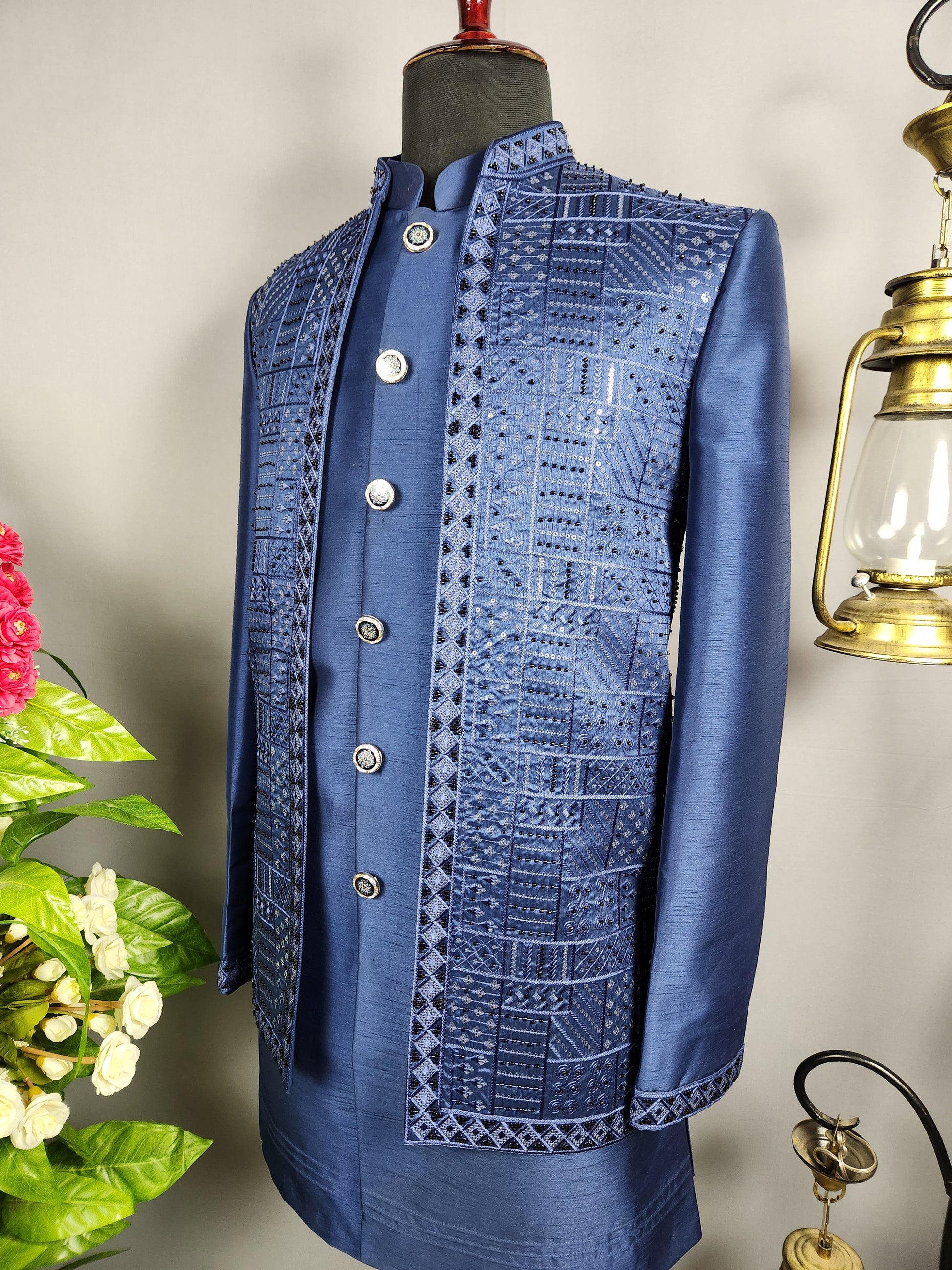 Blue Indo-Western Sherwani for Groom -  Indian Wedding Outfit for Men
