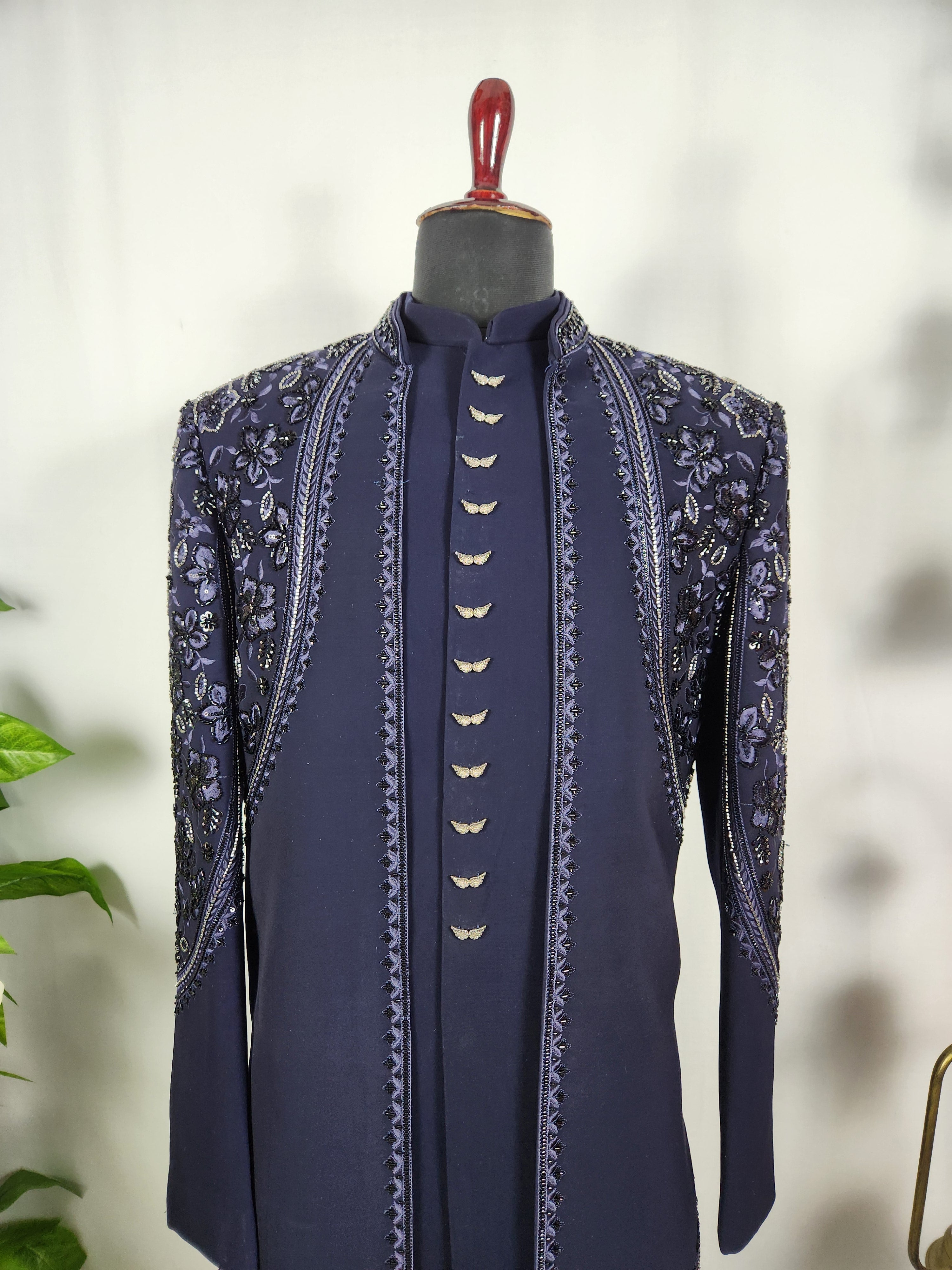 Blue Indo-Western Sherwani for Men | Indian Groom Wedding Outfit